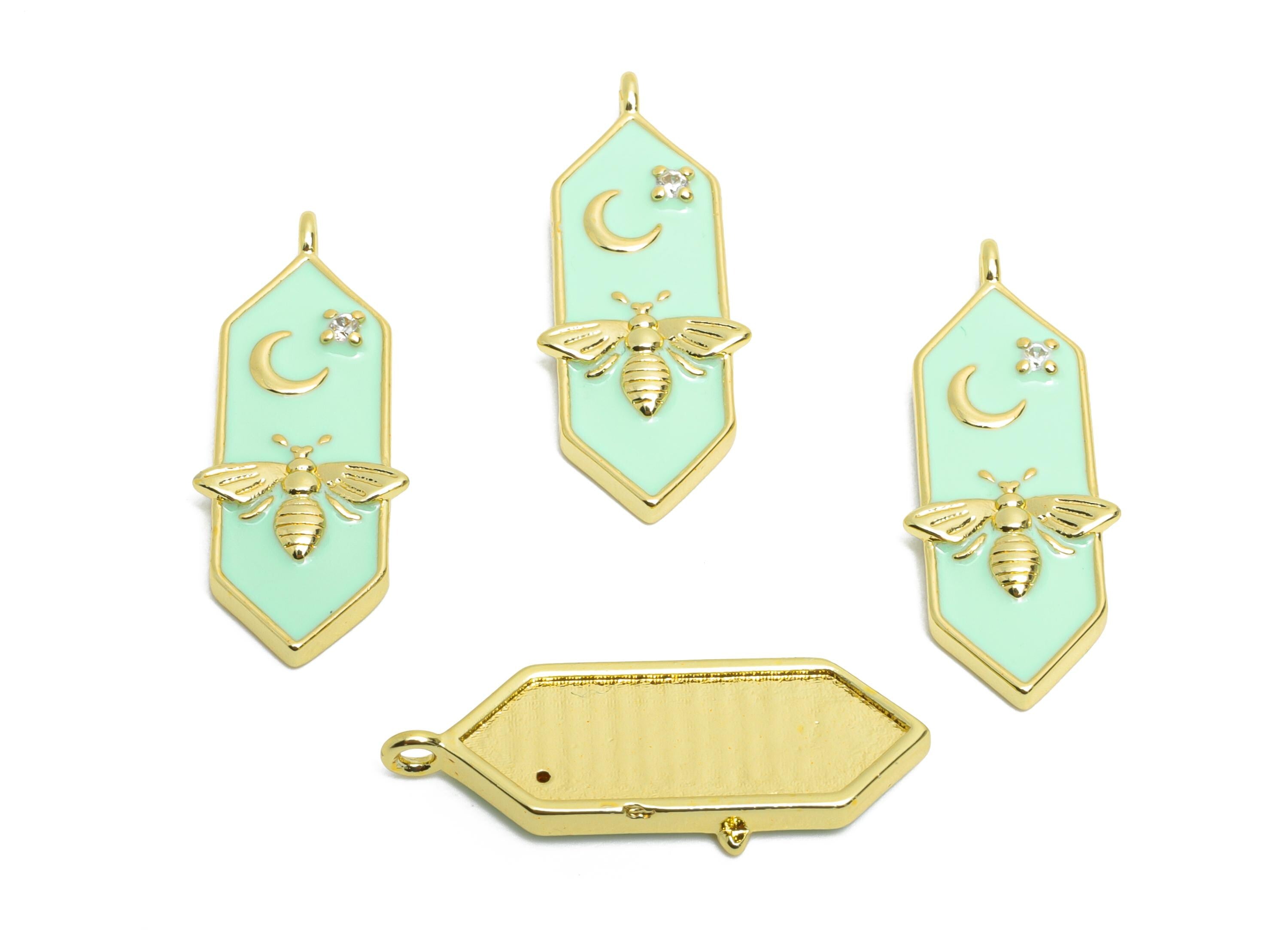 Brass Hexagon CZ Charm - Dainty Enamel Bee Moon Charm - Gold Bee Jewelry Accessories - 18K Real Gold Plated - 24.62x9.85x2.72mm - RGP10580 - DOMEDBAZAAR