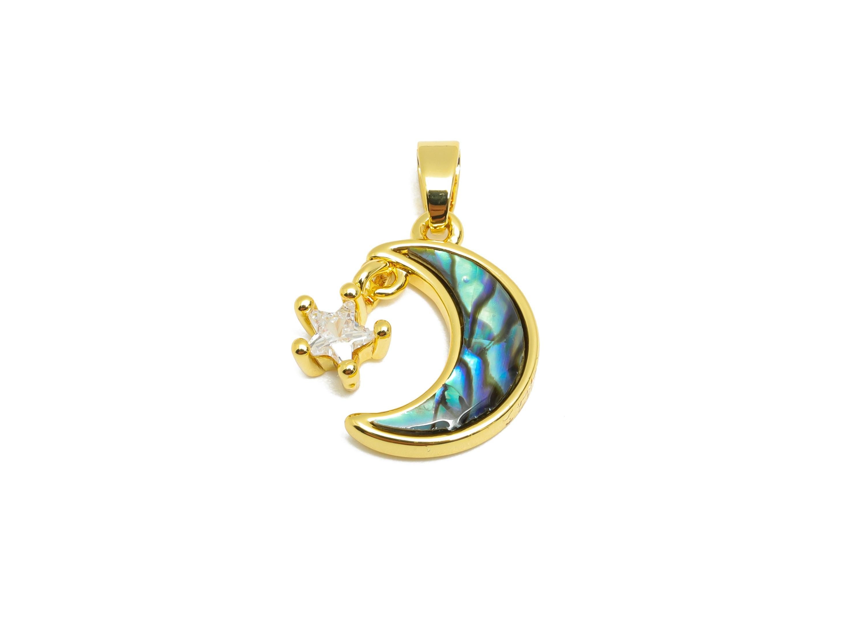 Shell Crescent Pendant - Brass Zircon Abalone Shell Moon Pendant  - Dainty Gold Dangle Jewelry - 18K Real Gold Plated - 15x10x2mm - RGP10661 - DOMEDBAZAAR