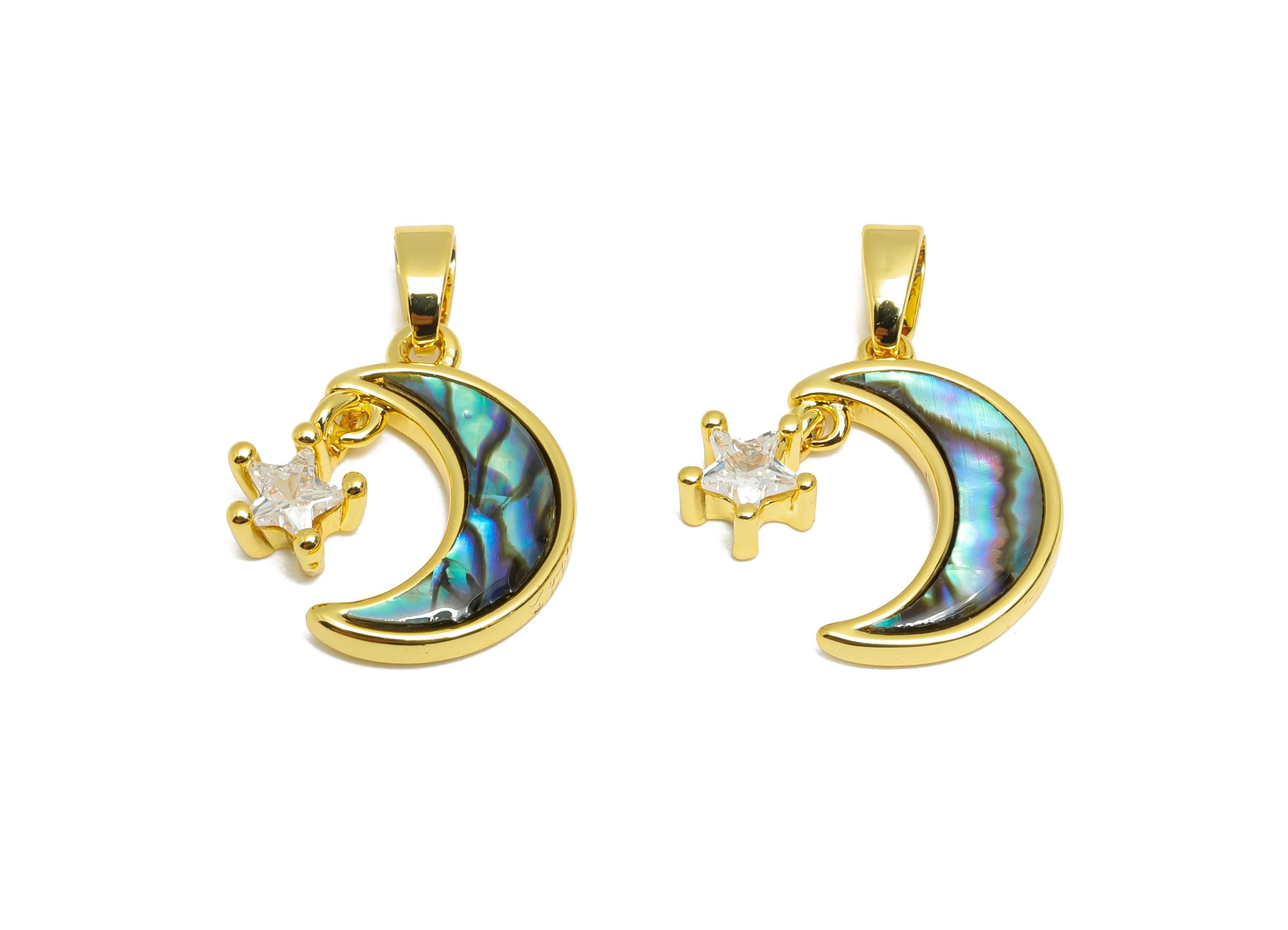 Shell Crescent Pendant - Brass Zircon Abalone Shell Moon Pendant  - Dainty Gold Dangle Jewelry - 18K Real Gold Plated - 15x10x2mm - RGP10661 - DOMEDBAZAAR