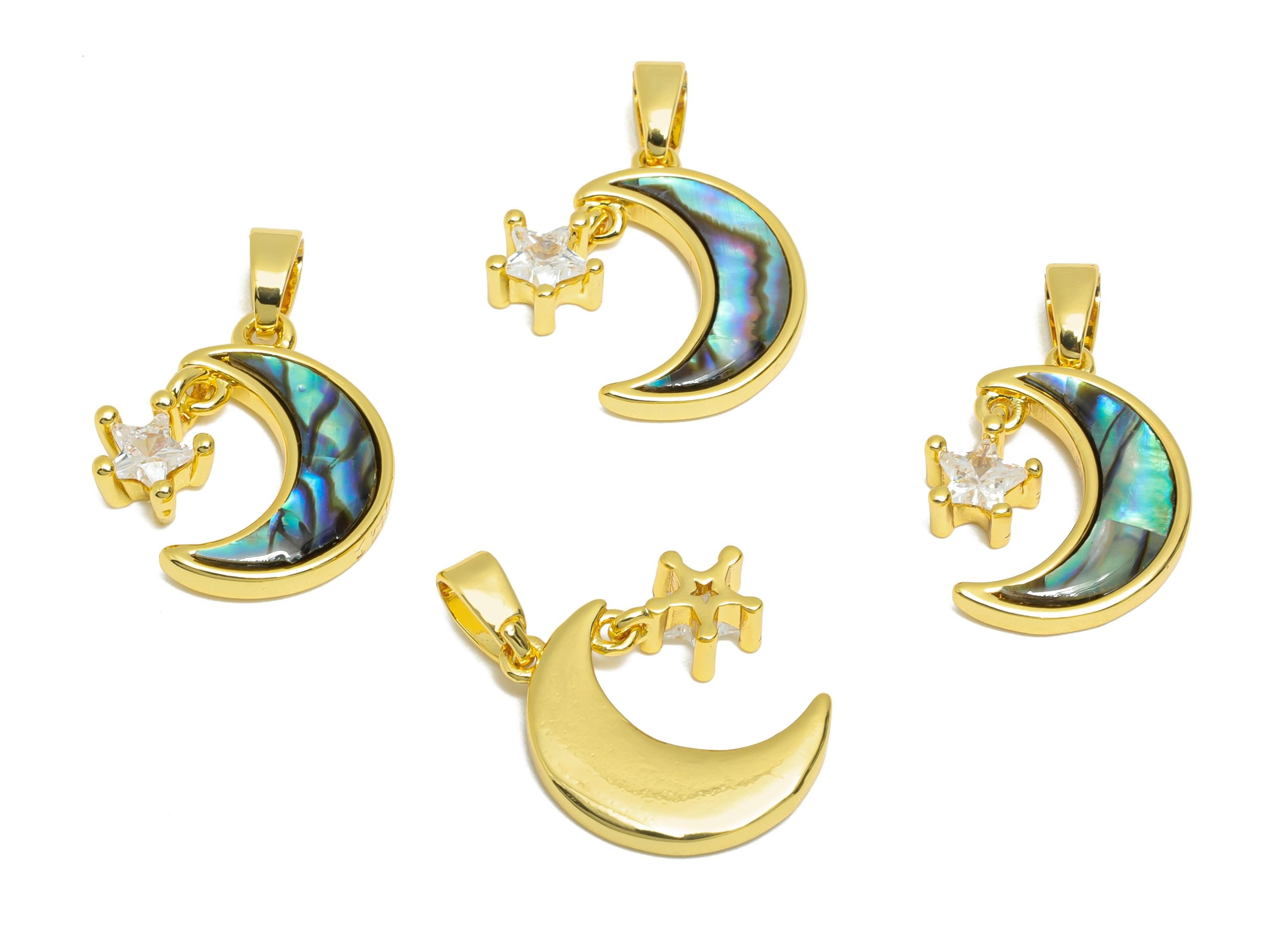 Shell Crescent Pendant - Brass Zircon Abalone Shell Moon Pendant  - Dainty Gold Dangle Jewelry - 18K Real Gold Plated - 15x10x2mm - RGP10661 - DOMEDBAZAAR
