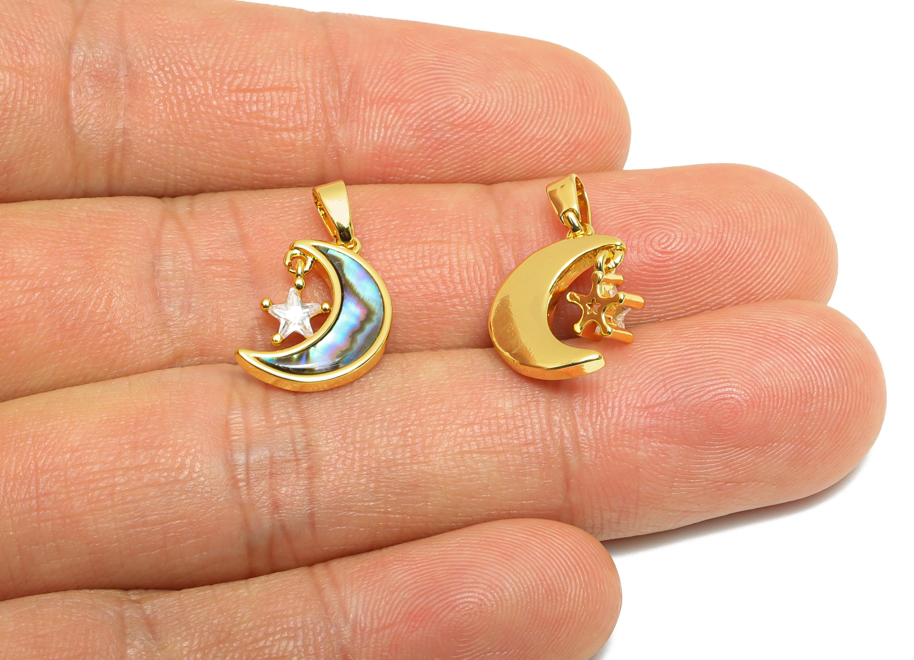 Shell Crescent Pendant - Brass Zircon Abalone Shell Moon Pendant  - Dainty Gold Dangle Jewelry - 18K Real Gold Plated - 15x10x2mm - RGP10661 - DOMEDBAZAAR