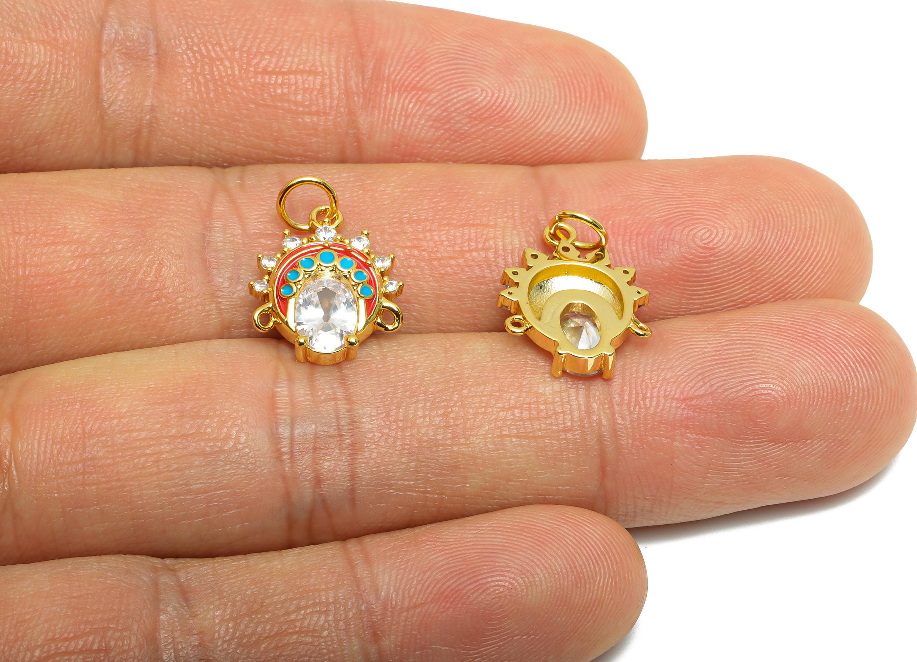 Brass Oval CZ Bracelet Charm - Dainty Enamel Chinese Opera Headdress Charm - Gold Special Jewelry - 18K Gold Plated - 16x12x4mm - RGP10543 - DOMEDBAZAAR