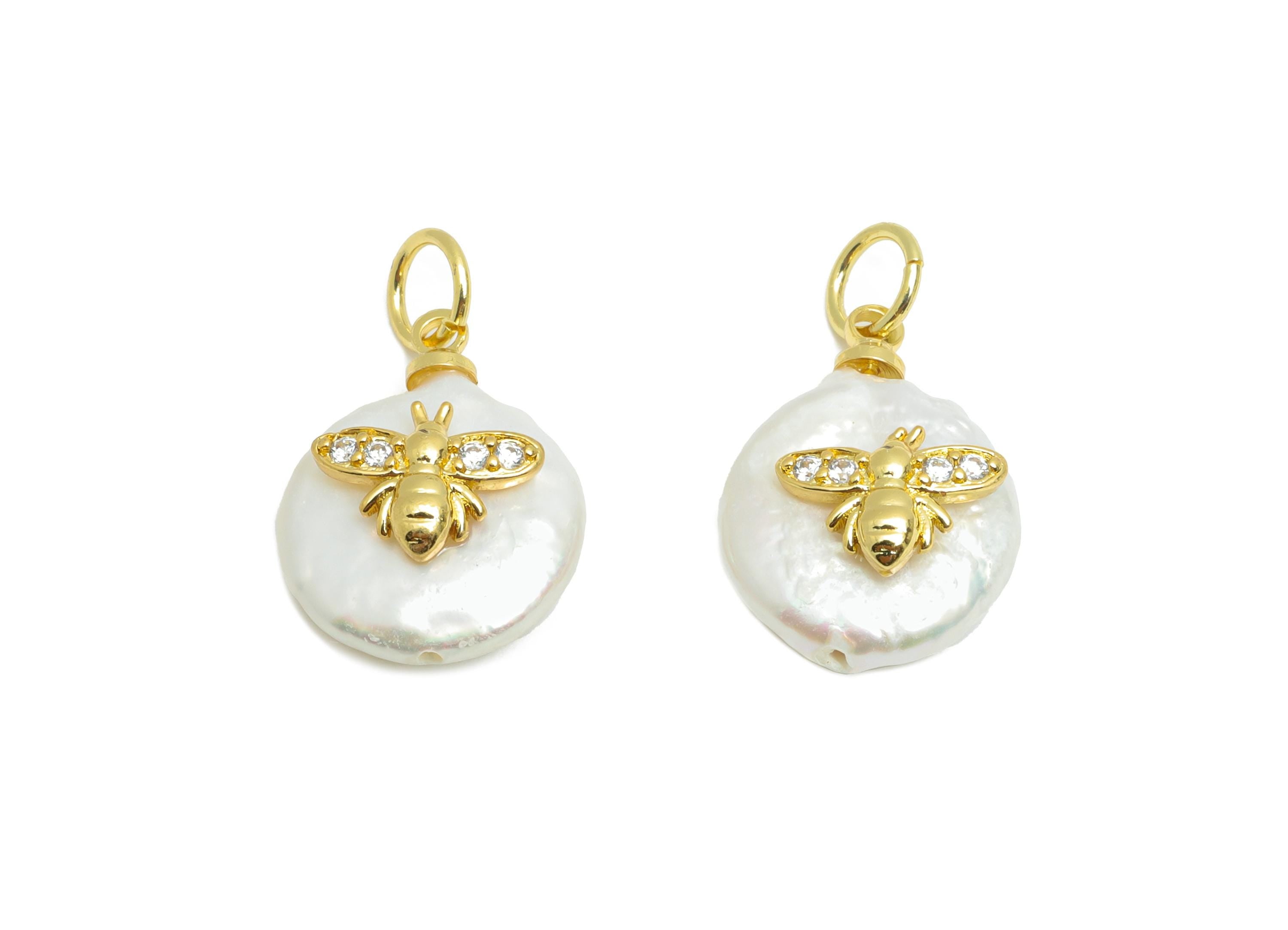 Pearl Bee Bracelet Charm - Brass Zircon Pearl Charm - Dainty Gold Minimalism Jewelry - 18K Real Gold Plated - 15.16x11.61x5.94mm - RGP10562 - DOMEDBAZAAR