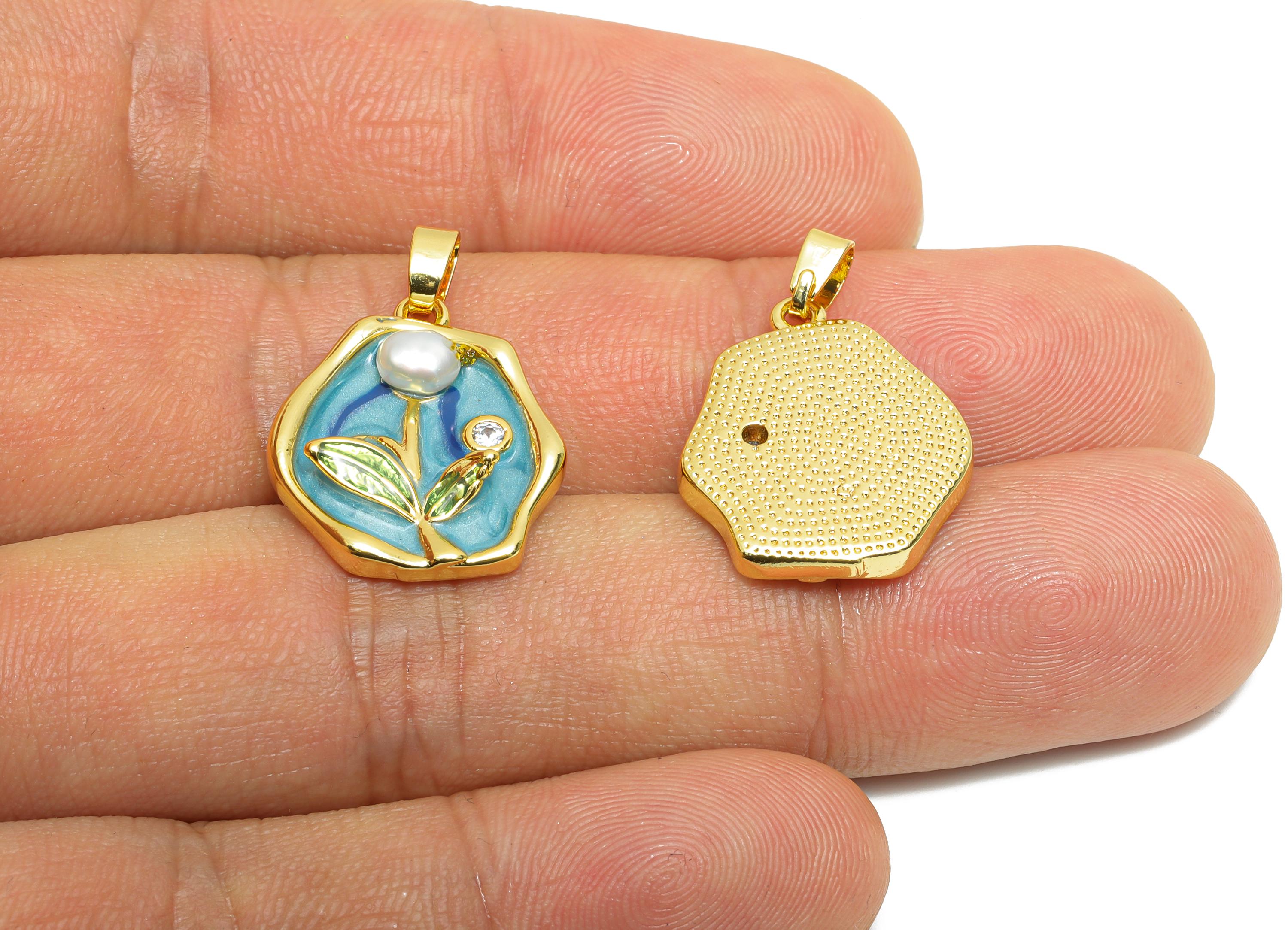 Brass Floral Pendant - Brass Enamel Handcrafted Look With Pearl Pendant - Artistic Gold Jewelry - 18K Real Gold Plated - 19x16x4mm- RGP10655 - DOMEDBAZAAR