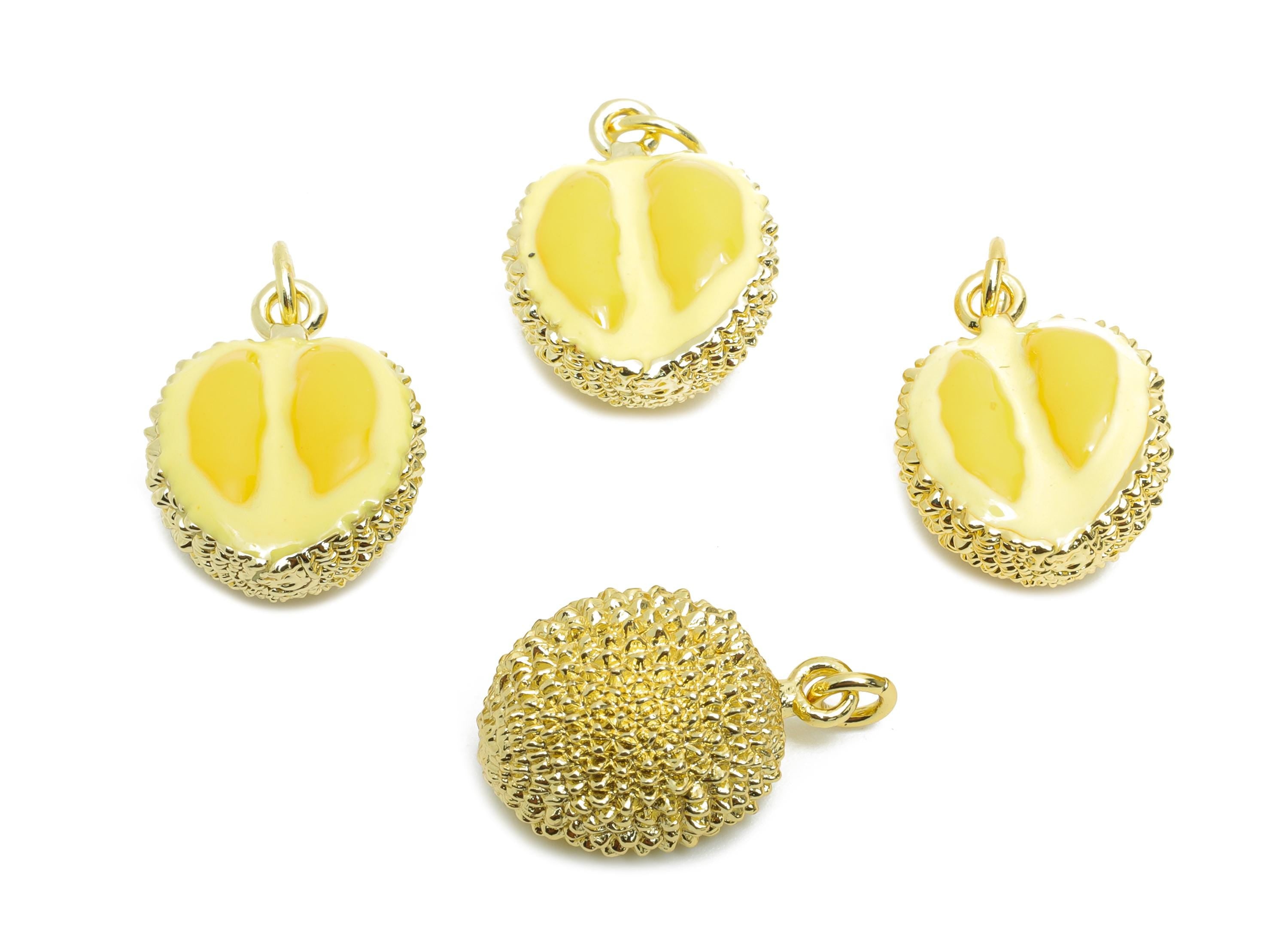 Brass Durian Bracelet Charm - Textured Enamel Durian Fruit Charm - Unique Food Pendant - 18K Real Gold Plated - 17.22x12.55x8.5mm - RGP10577 - DOMEDBAZAAR
