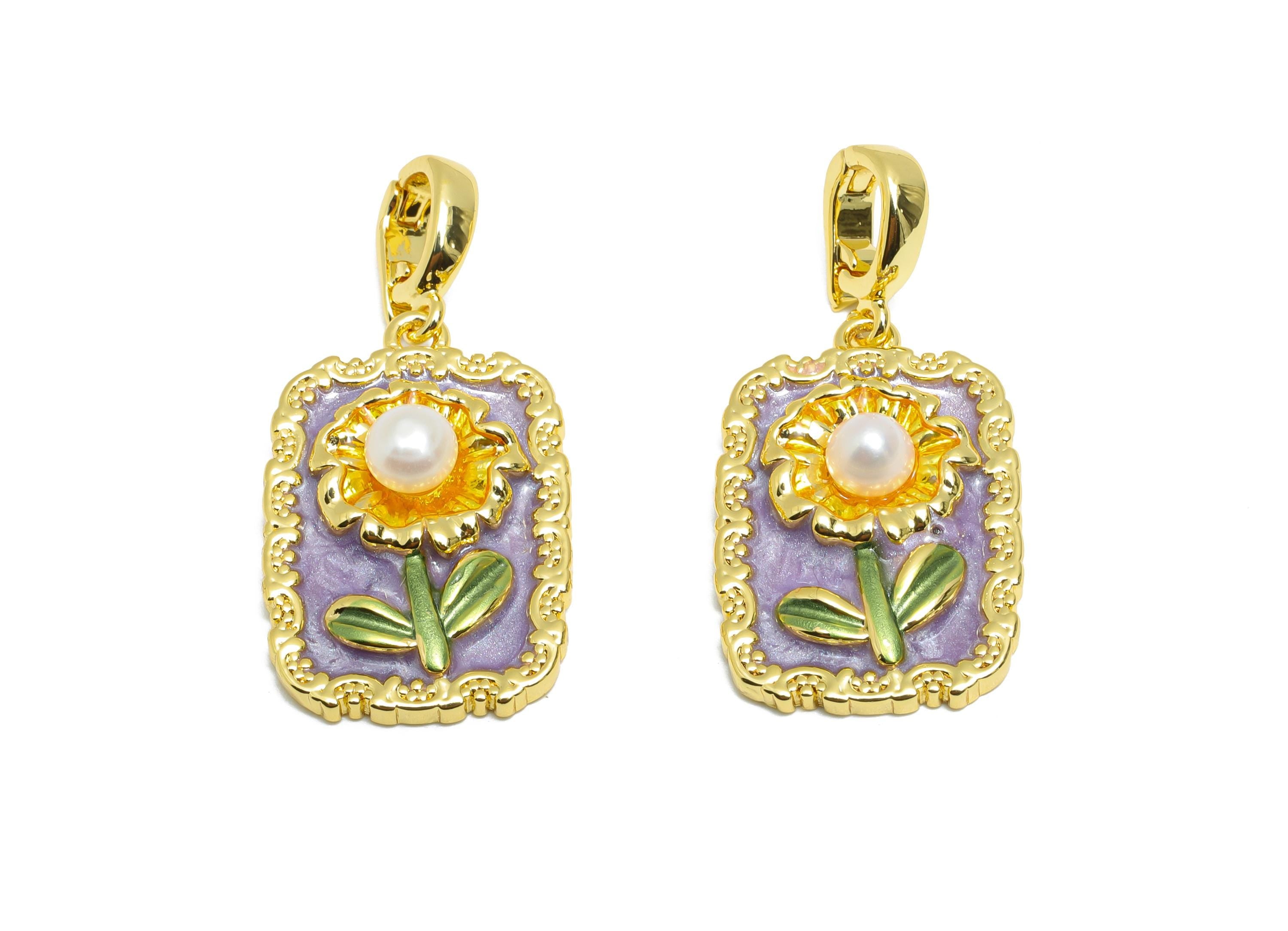 Brass Artistic Daisy Pendant - Chic Zircon Enamel Painting Pendant - Vintage Dainty Jewelry - 18K Gold Plated - 22x15x6.11mm - RGP10686 - DOMEDBAZAAR