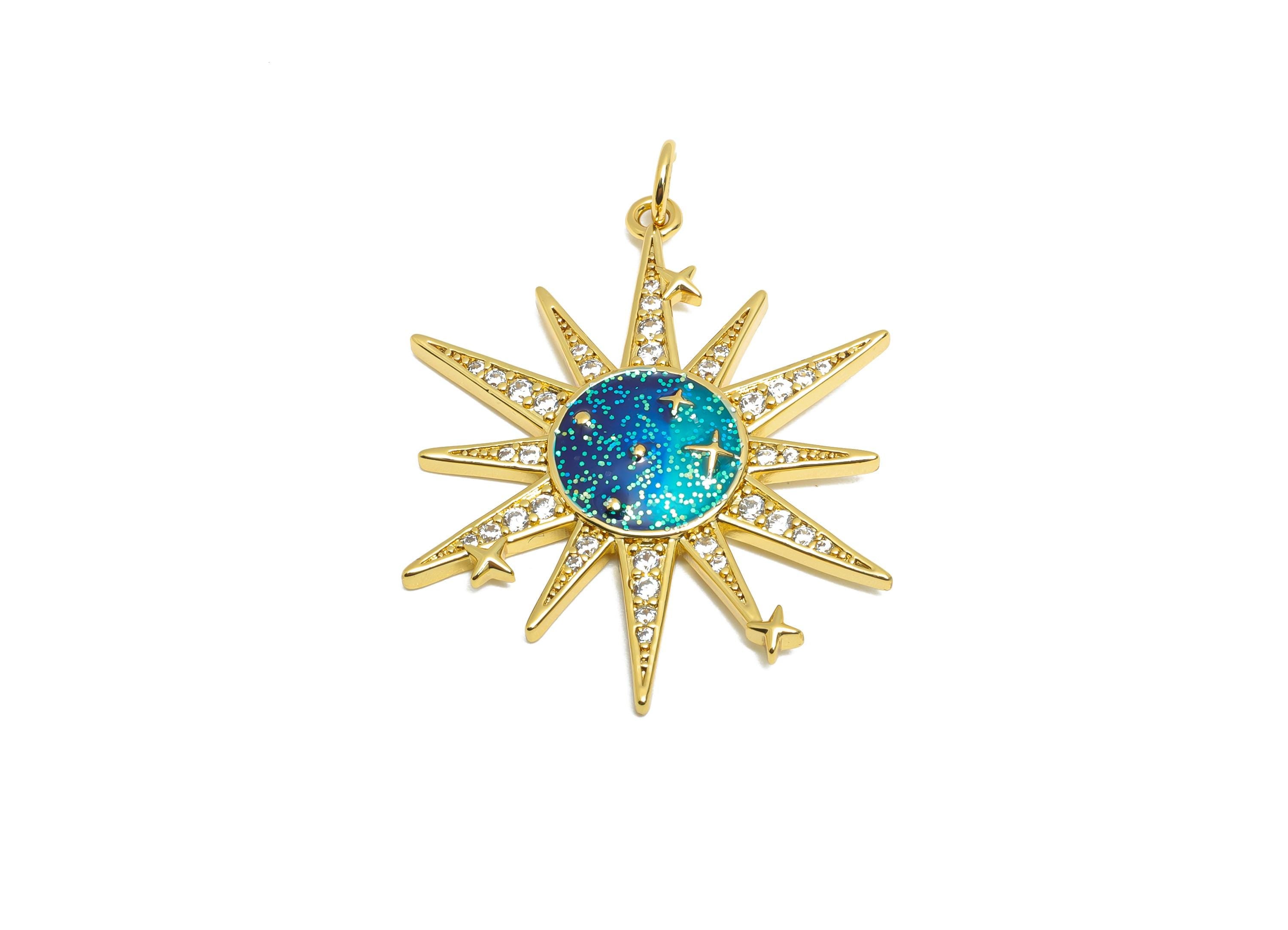 Sparkling CZ Sun Charm - Brass Dainty Enamel Artistic Pendant - Glamorous Gold Jewelry - 18K Real Gold Plated - 26.55x32.84x3mm - RGP10564 - DOMEDBAZAAR