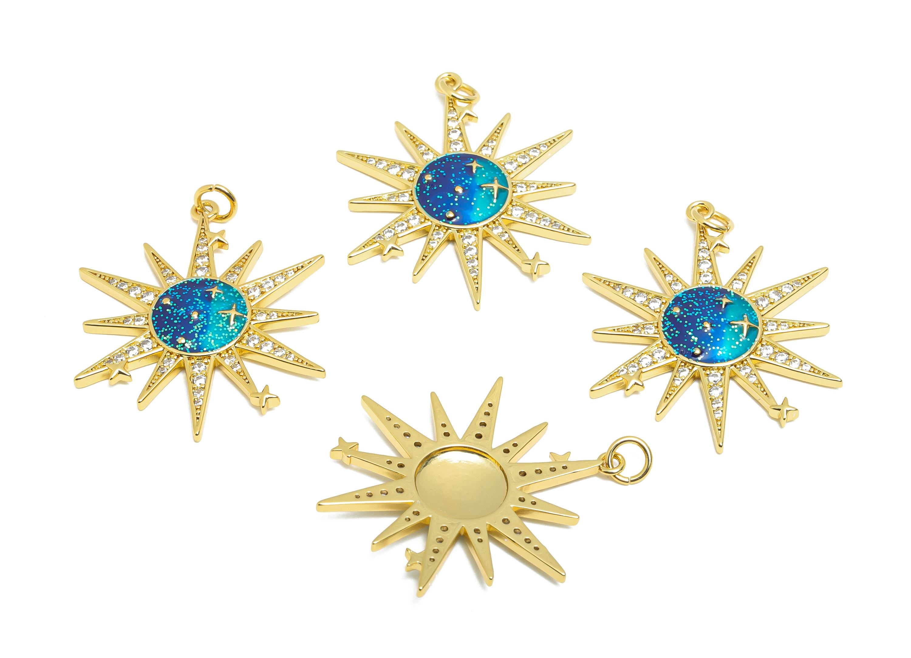Sparkling CZ Sun Charm - Brass Dainty Enamel Artistic Pendant - Glamorous Gold Jewelry - 18K Real Gold Plated - 26.55x32.84x3mm - RGP10564 - DOMEDBAZAAR