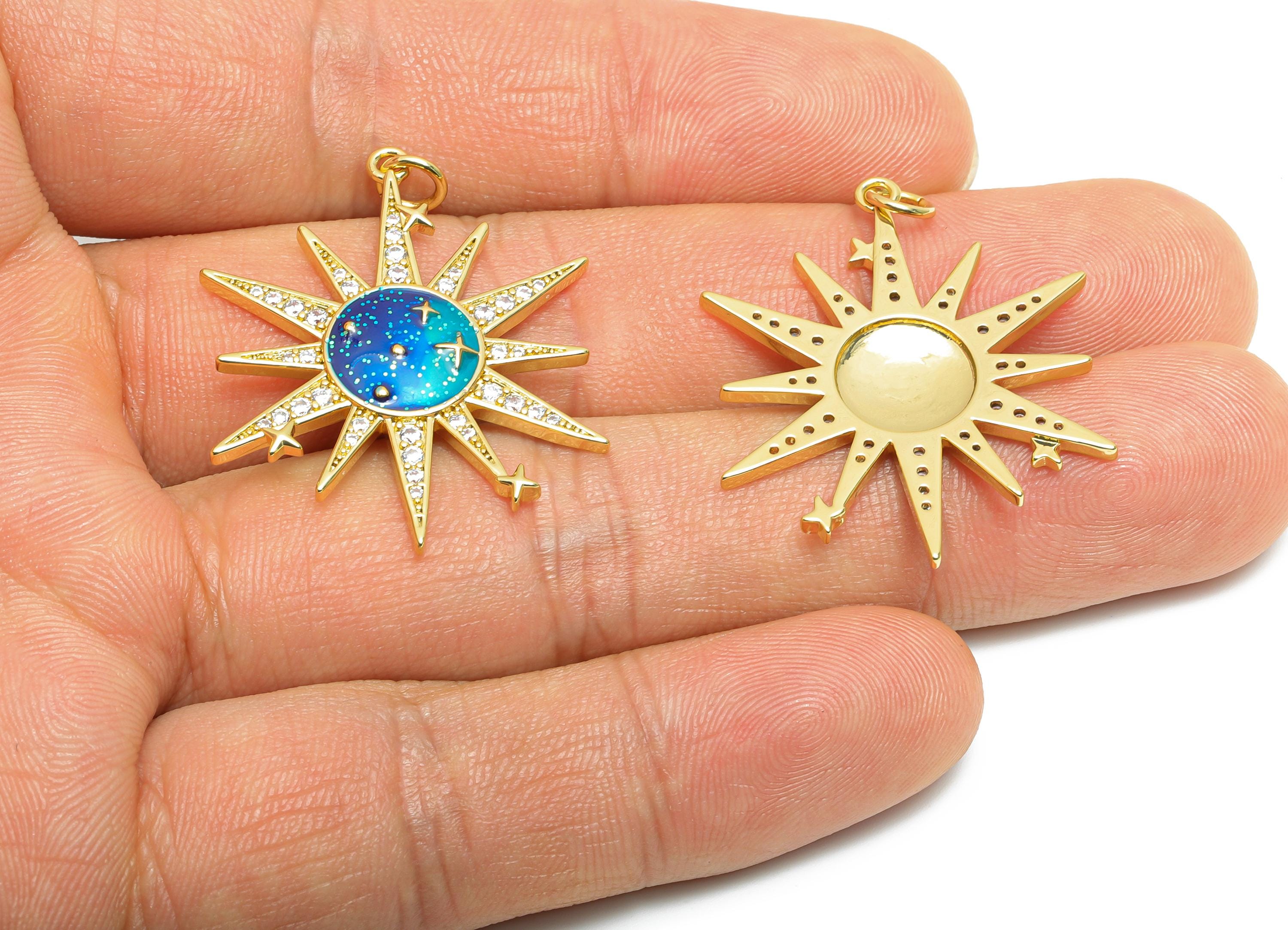 Sparkling CZ Sun Charm - Brass Dainty Enamel Artistic Pendant - Glamorous Gold Jewelry - 18K Real Gold Plated - 26.55x32.84x3mm - RGP10564 - DOMEDBAZAAR