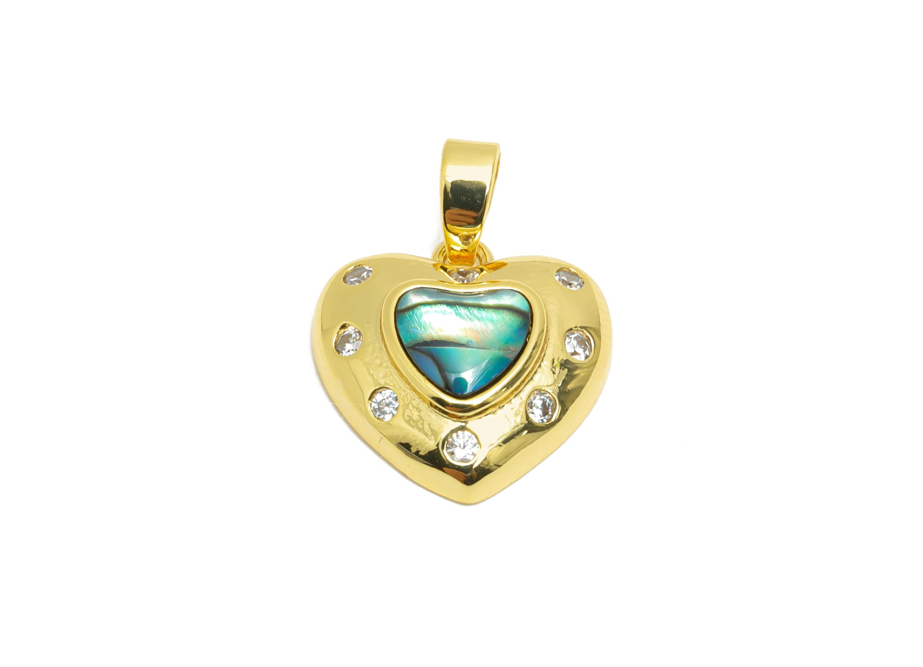 Brass Shell Heart Pendant - Brass Dainty Abalone Cubic Zircon - CZ Gold Shell Earring Pendant - 18K Real Gold Plated - 13x13x5mm - RGP10673 - DOMEDBAZAAR