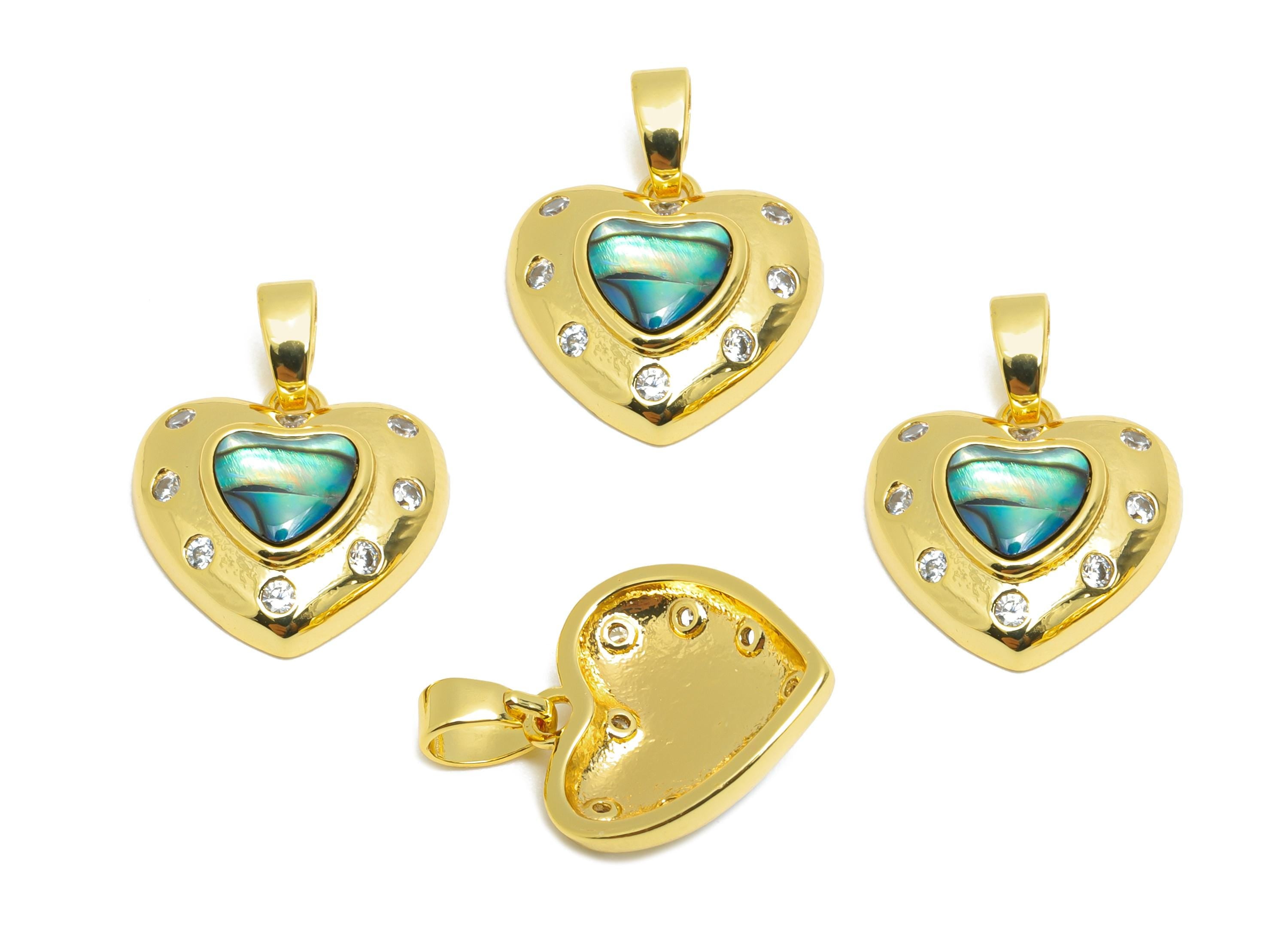 Brass Shell Heart Pendant - Brass Dainty Abalone Cubic Zircon - CZ Gold Shell Earring Pendant - 18K Real Gold Plated - 13x13x5mm - RGP10673 - DOMEDBAZAAR