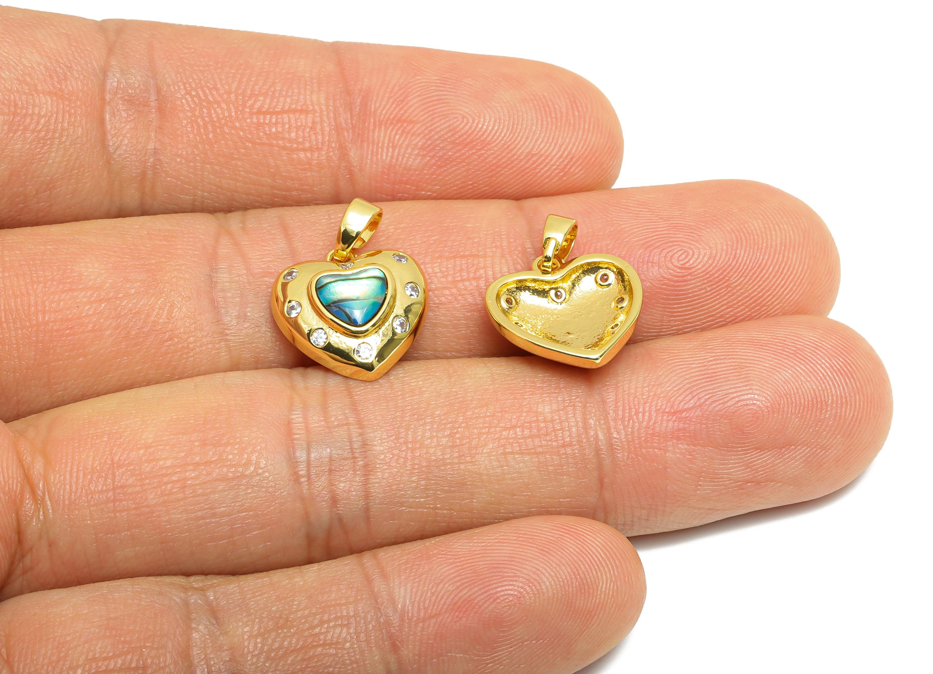 Brass Shell Heart Pendant - Brass Dainty Abalone Cubic Zircon - CZ Gold Shell Earring Pendant - 18K Real Gold Plated - 13x13x5mm - RGP10673 - DOMEDBAZAAR