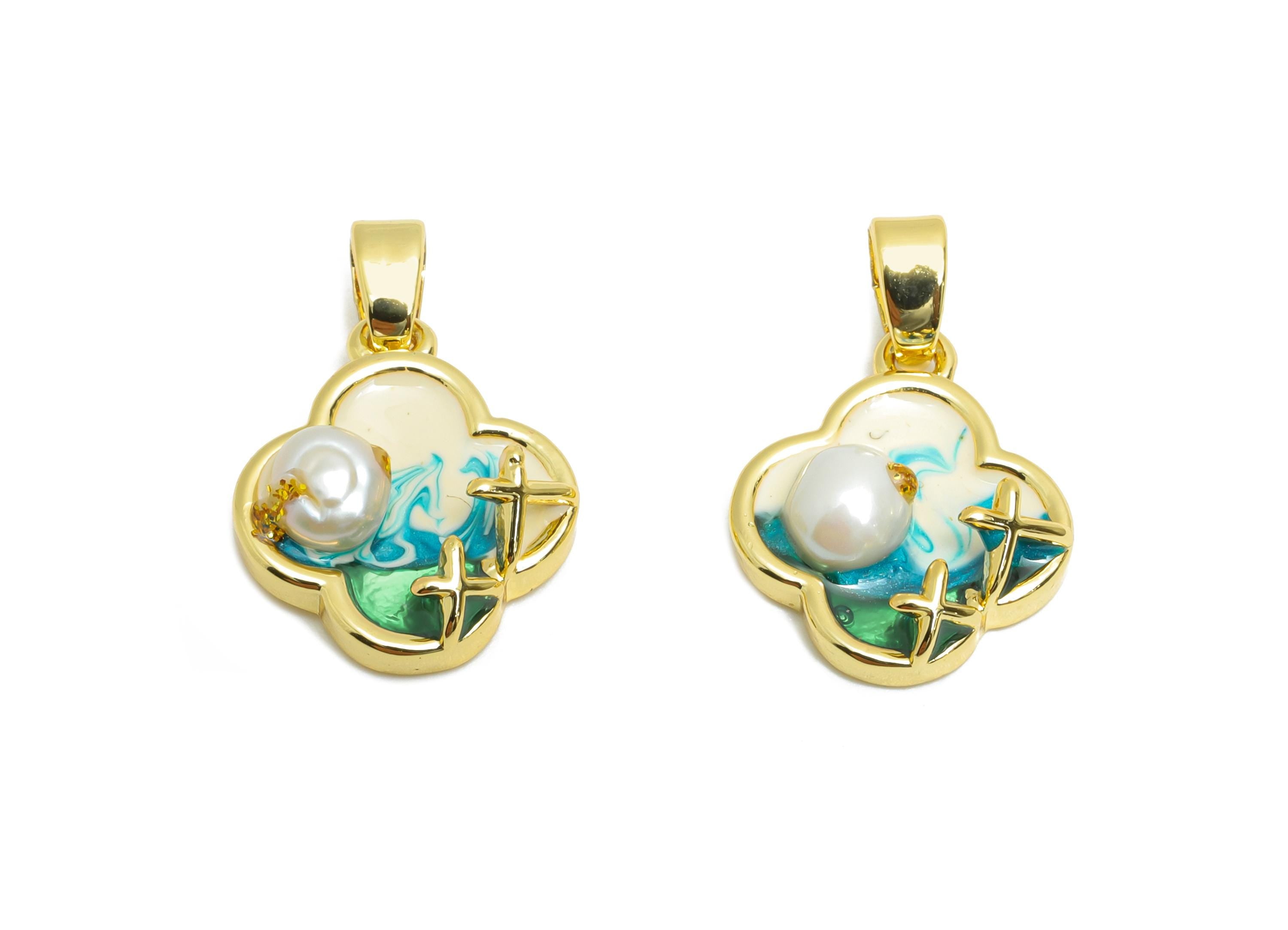 Brass Colorful Pendant - Brass Dainty Enamel With Pearl Pendant - Painting Pendant - for Necklace - 18K Real Gold Plated -14x11x3mm-RGP10682 - DOMEDBAZAAR