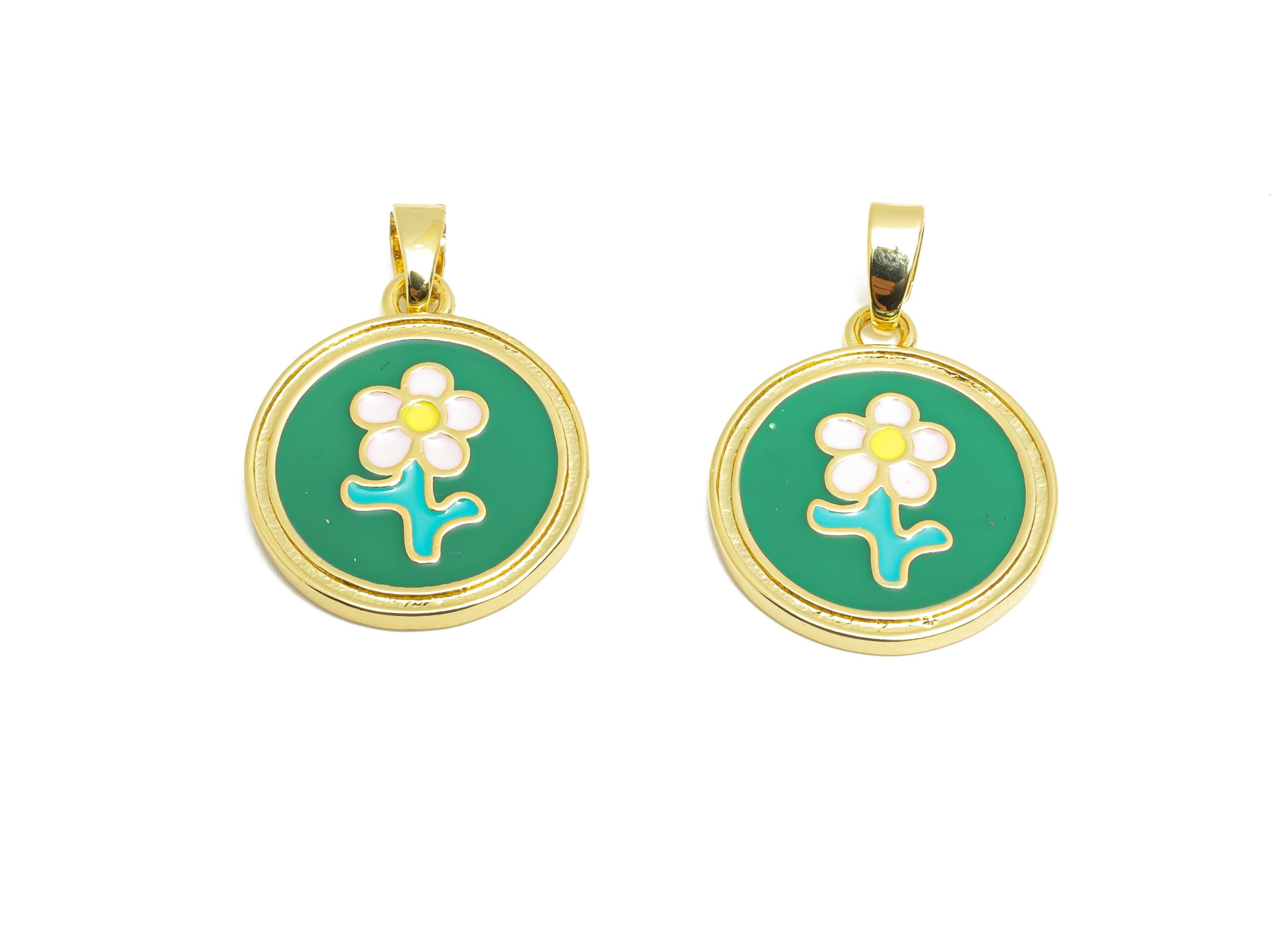 Round Flower Pendant - Dainty Gold Brass Enamel Pendant - Romantic Necklace Pendant - 18K Real Gold Plated - 18.35x15.86x1.71mm - RGP10689 - DOMEDBAZAAR