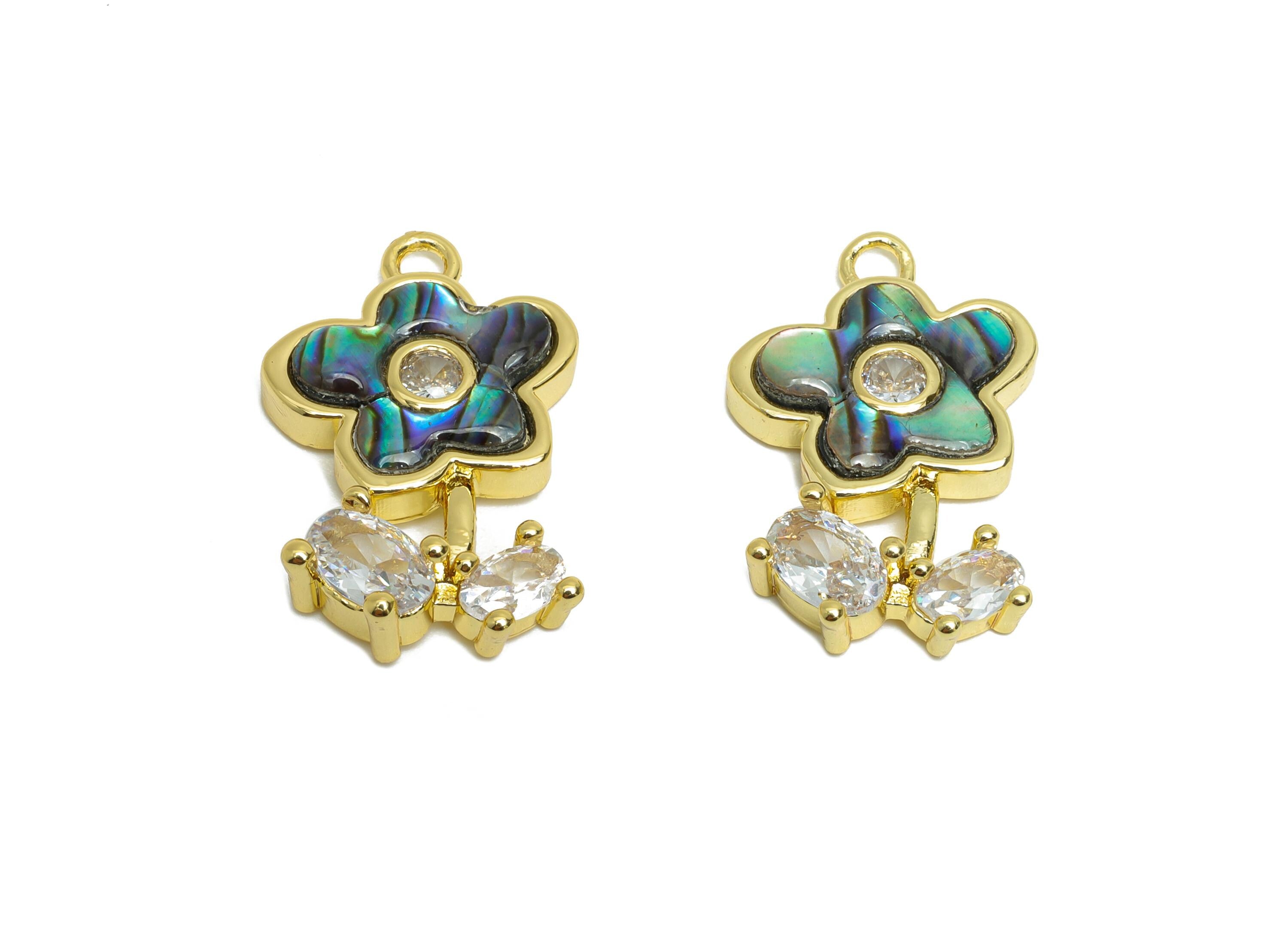 Brass Flower Earring Charm - Gold Zircon Abalone Shell Pendant- Elegant Flower Charm for Necklace -18K Gold Plated-21.4x13.8x4.04mm- RGP9624 - DOMEDBAZAAR