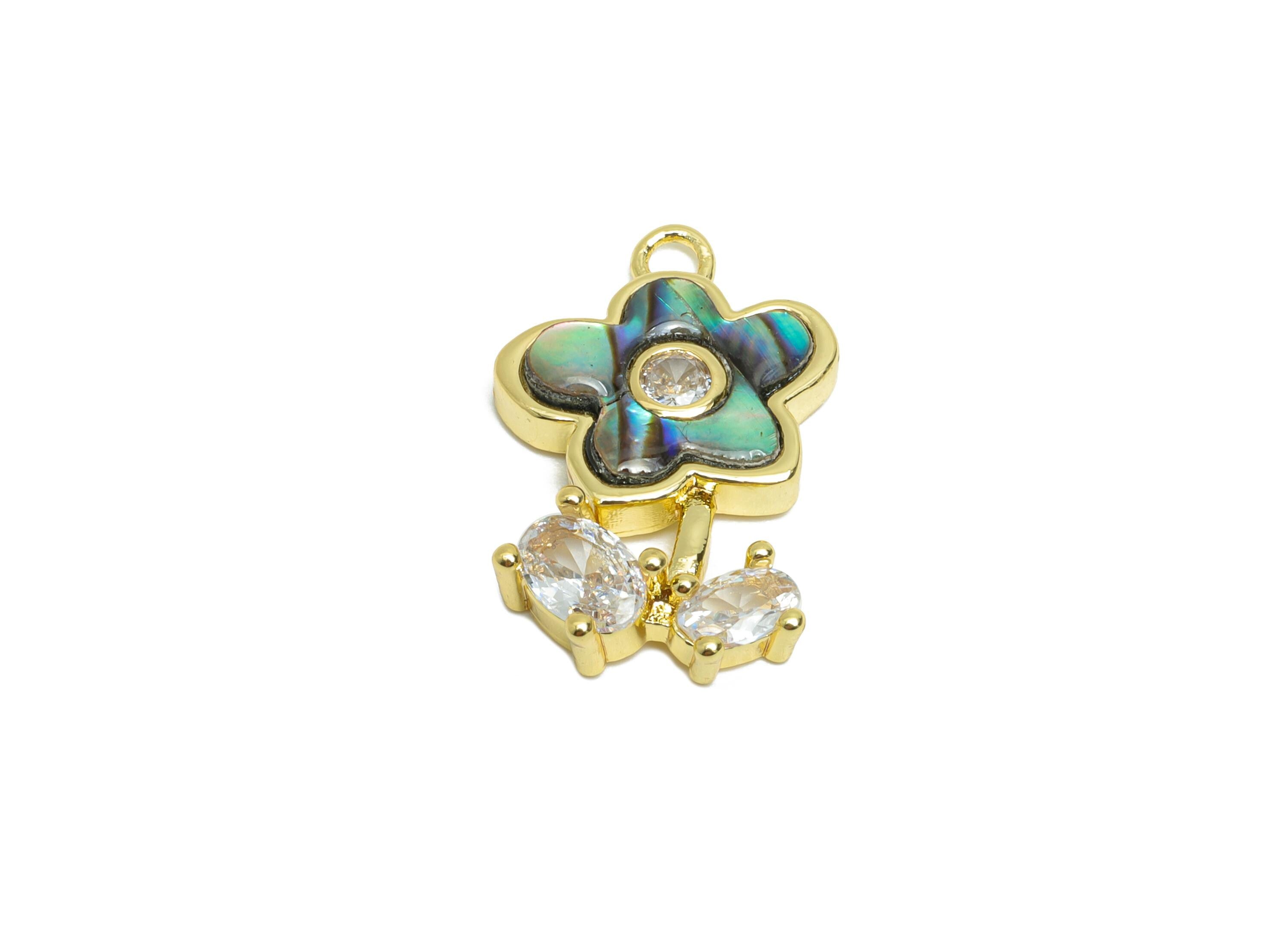 Brass Flower Earring Charm - Gold Zircon Abalone Shell Pendant- Elegant Flower Charm for Necklace -18K Gold Plated-21.4x13.8x4.04mm- RGP9624 - DOMEDBAZAAR