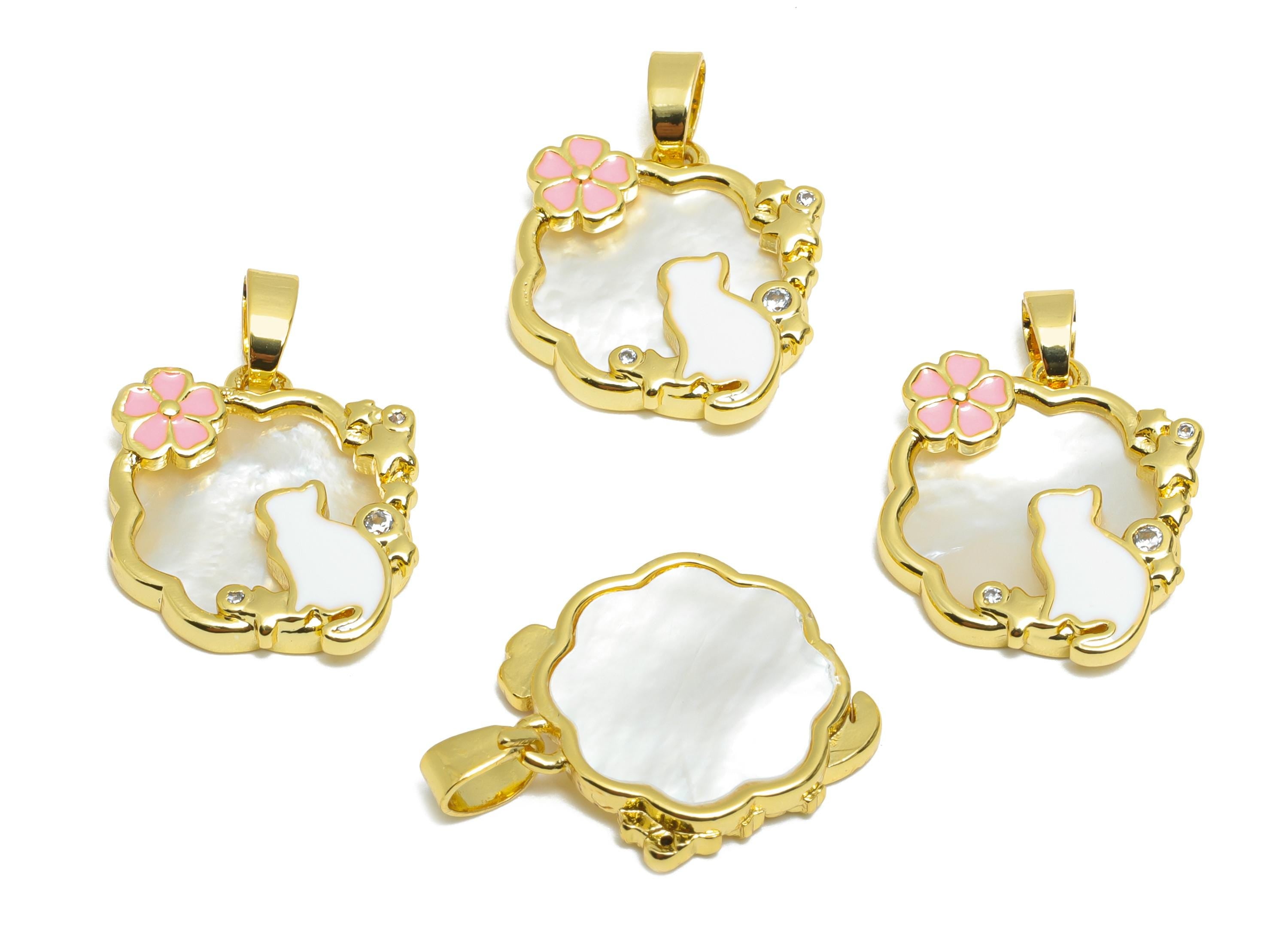 Brass Shell Cat Pendant - Brass Dainty Enamel Floral Pearl Pendant - Gold Vintage Pendant - 18K Real Gold Plated - 18x16x3mm - RGP10646 - DOMEDBAZAAR