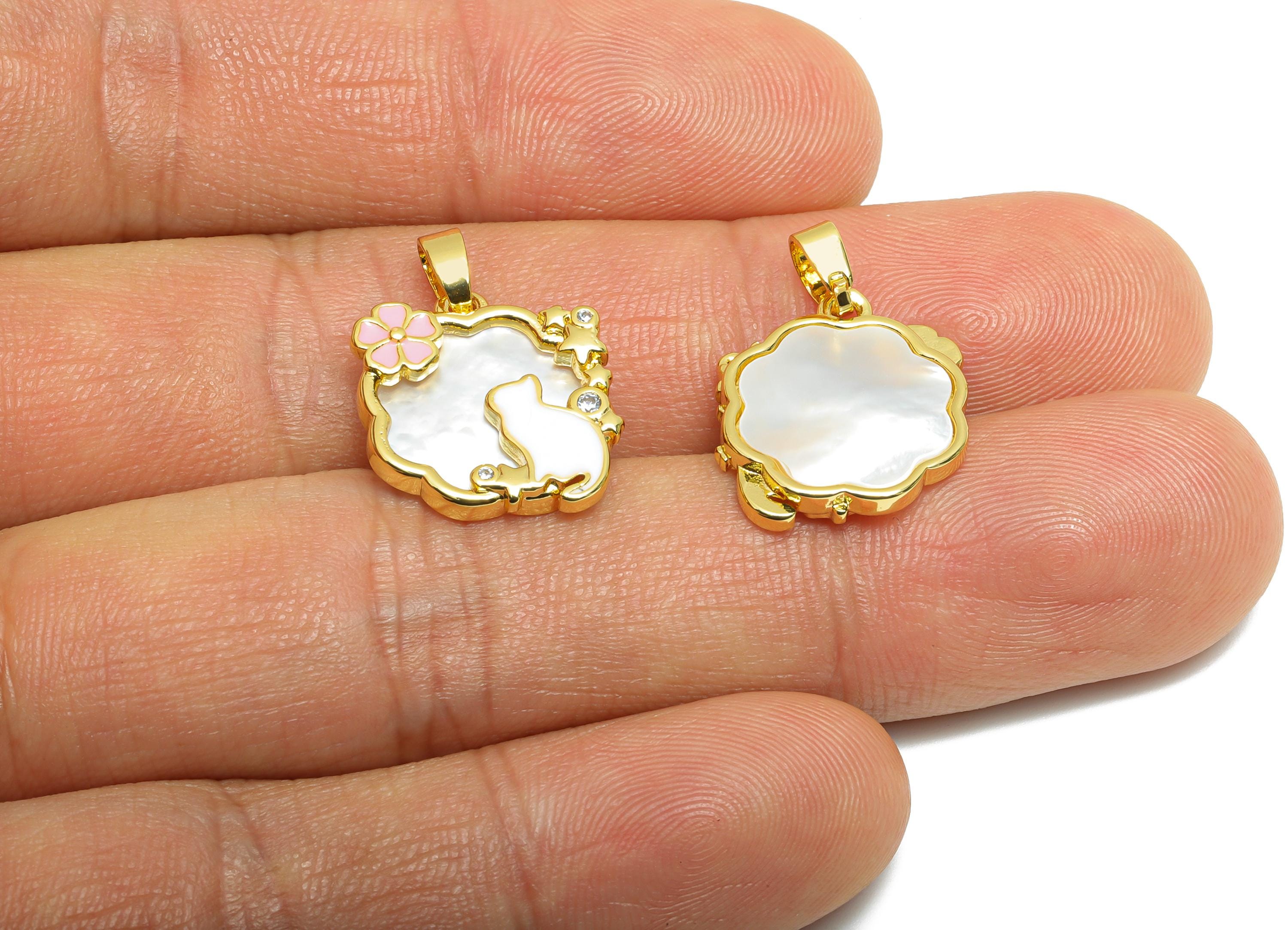 Brass Shell Cat Pendant - Brass Dainty Enamel Floral Pearl Pendant - Gold Vintage Pendant - 18K Real Gold Plated - 18x16x3mm - RGP10646 - DOMEDBAZAAR