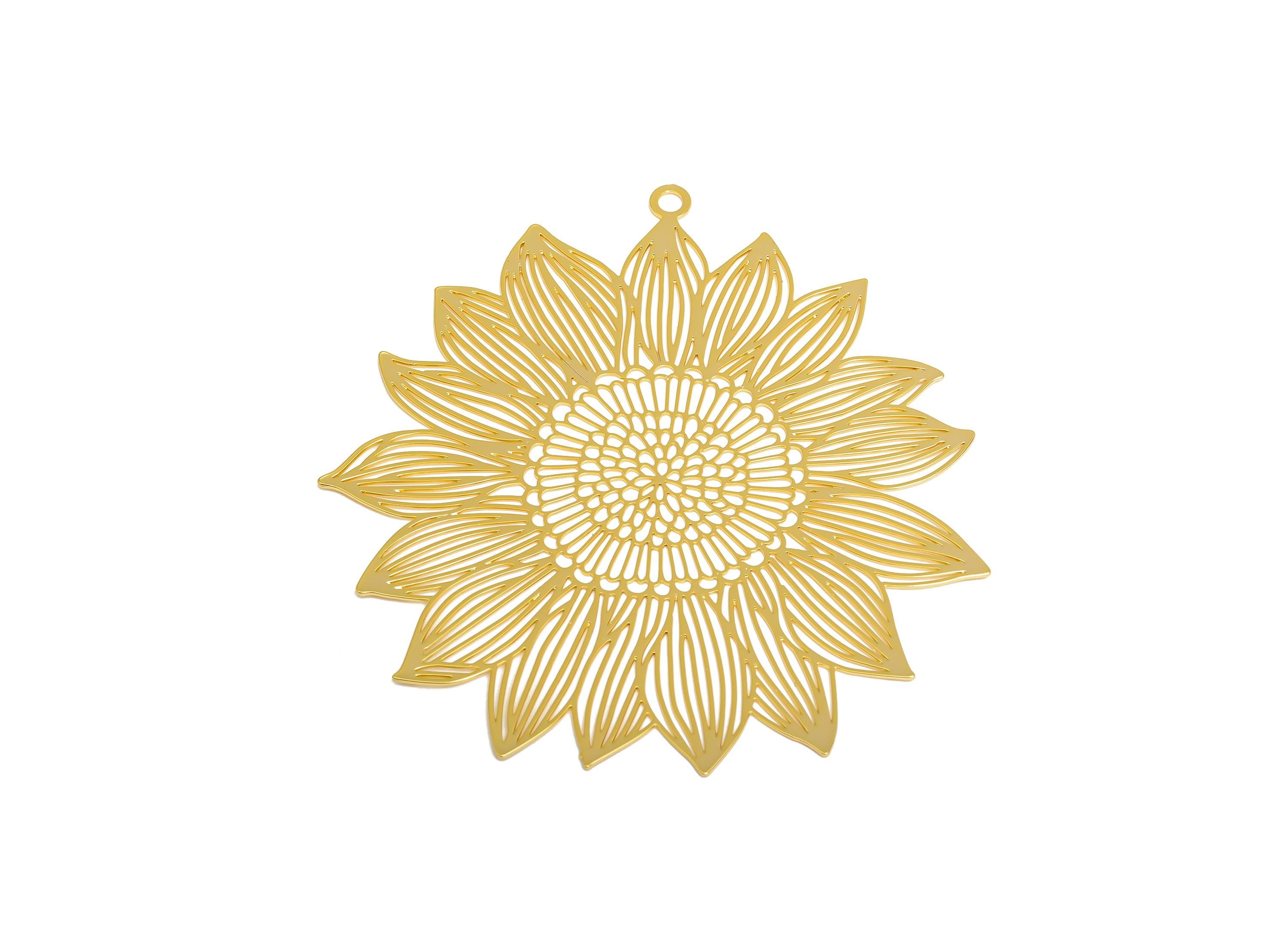 Brass Sunflower Earring Charms - Gold Hollow Flower Charm - Botanical Floral Pendant - 18K Real Gold Plated - 56.85x52.16x0.35mm - RGP9576 - DOMEDBAZAAR