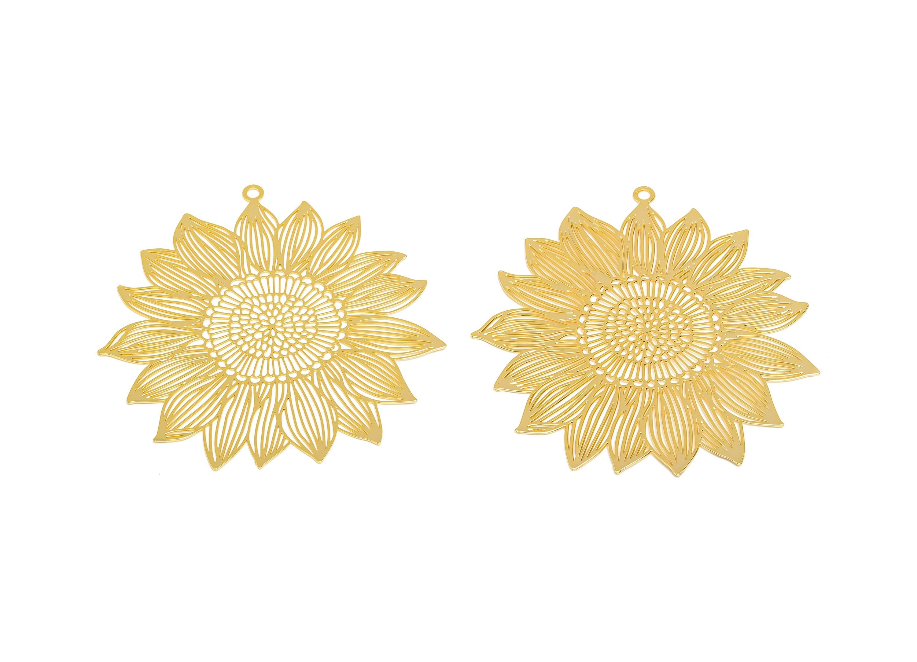 Brass Sunflower Earring Charms - Gold Hollow Flower Charm - Botanical Floral Pendant - 18K Real Gold Plated - 56.85x52.16x0.35mm - RGP9576 - DOMEDBAZAAR