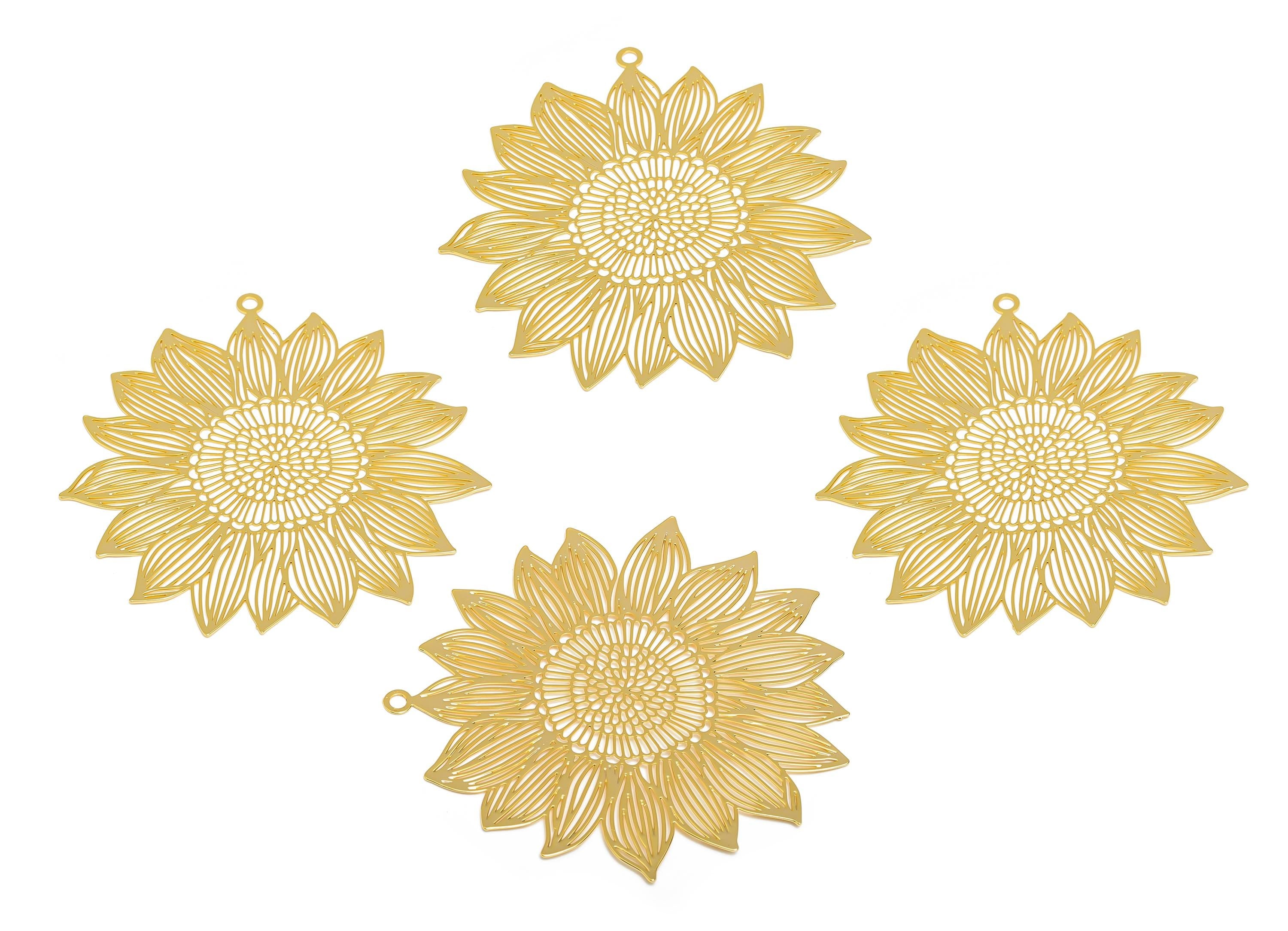 Brass Sunflower Earring Charms - Gold Hollow Flower Charm - Botanical Floral Pendant - 18K Real Gold Plated - 56.85x52.16x0.35mm - RGP9576 - DOMEDBAZAAR