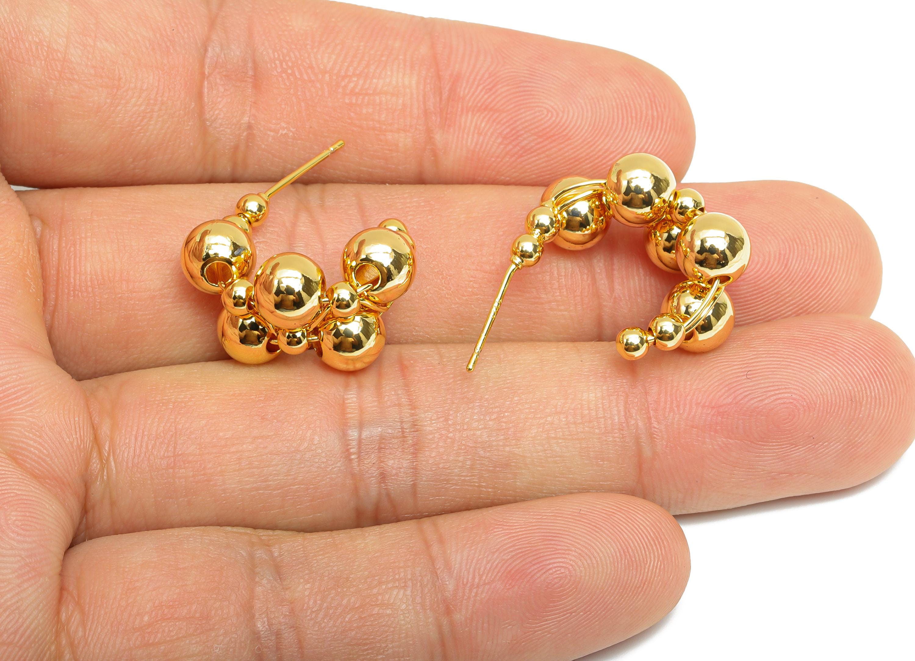 Gold Ball Cluster Earring Stud - Brass Beaded Bubbles C Earring Post - Geometric Cluster Jewelry -18K Real Gold Plated - 21x15x12mm -RGP9533 - DOMEDBAZAAR