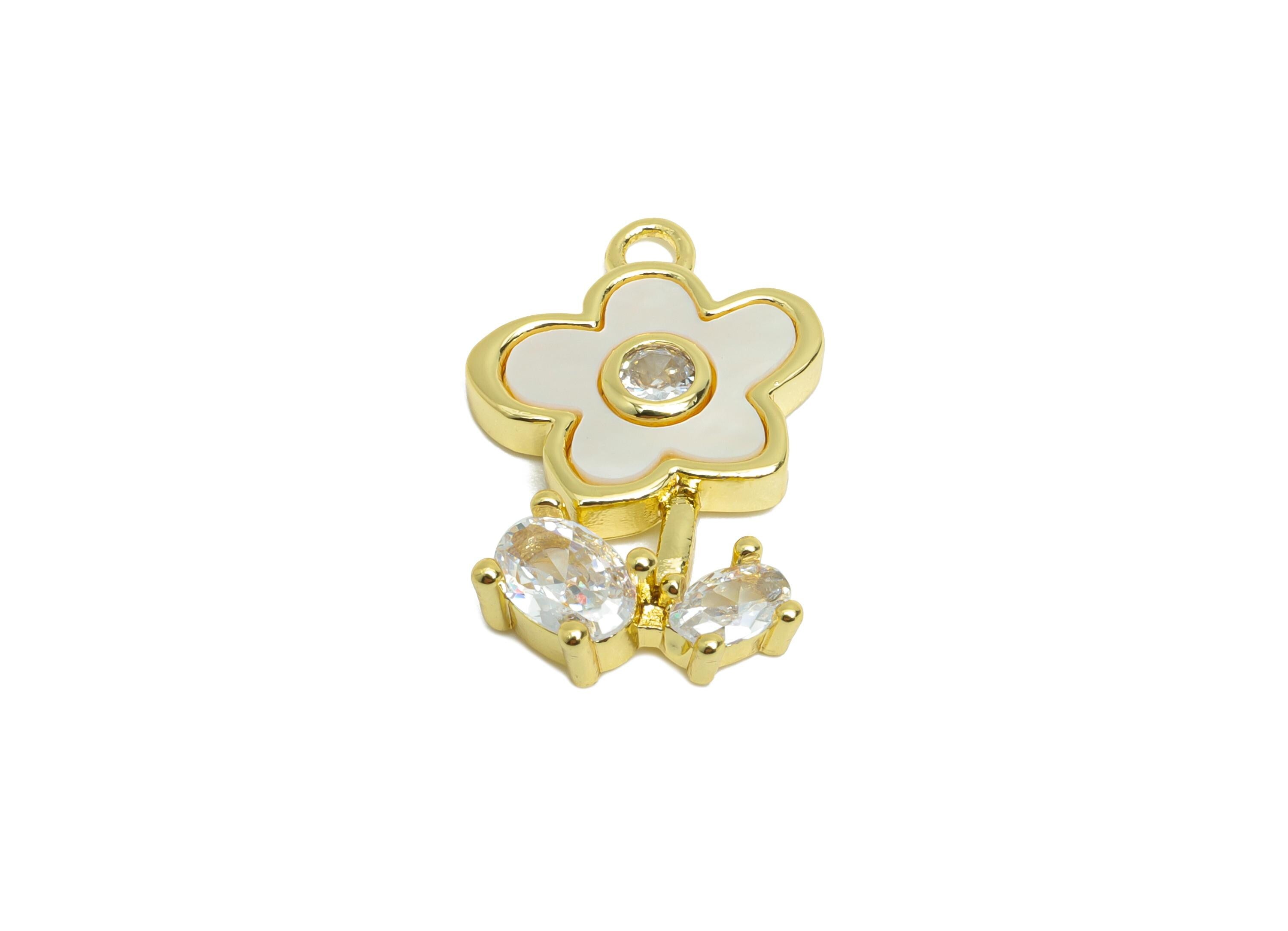 Brass Flower Earring Charm - Gold Zircon Seashell Pendant- Elegant Flower Charm for Necklace - 18K Gold Plated - 21.4x13.8x4.04mm - RGP9623 - DOMEDBAZAAR