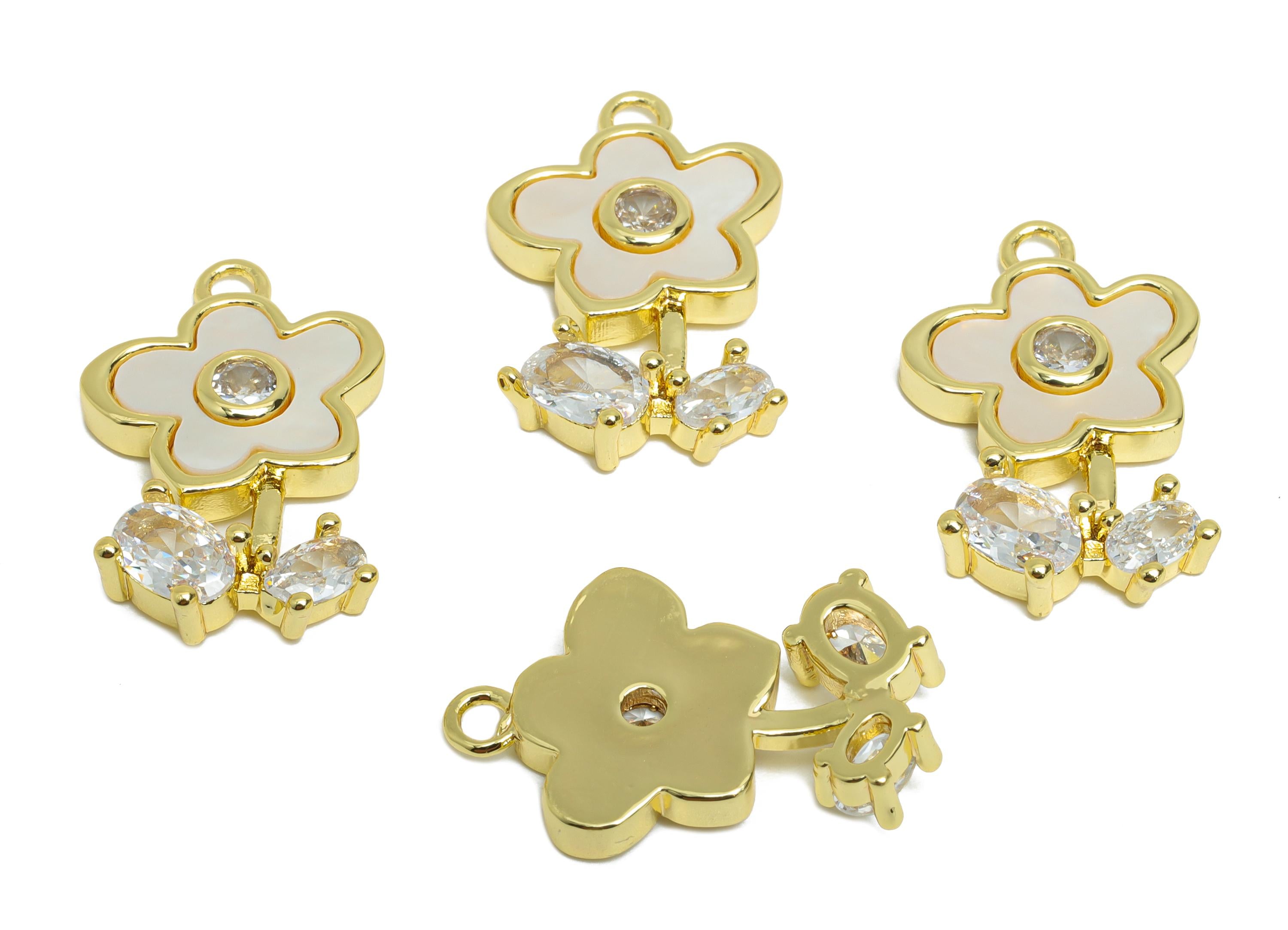 Brass Flower Earring Charm - Gold Zircon Seashell Pendant- Elegant Flower Charm for Necklace - 18K Gold Plated - 21.4x13.8x4.04mm - RGP9623 - DOMEDBAZAAR