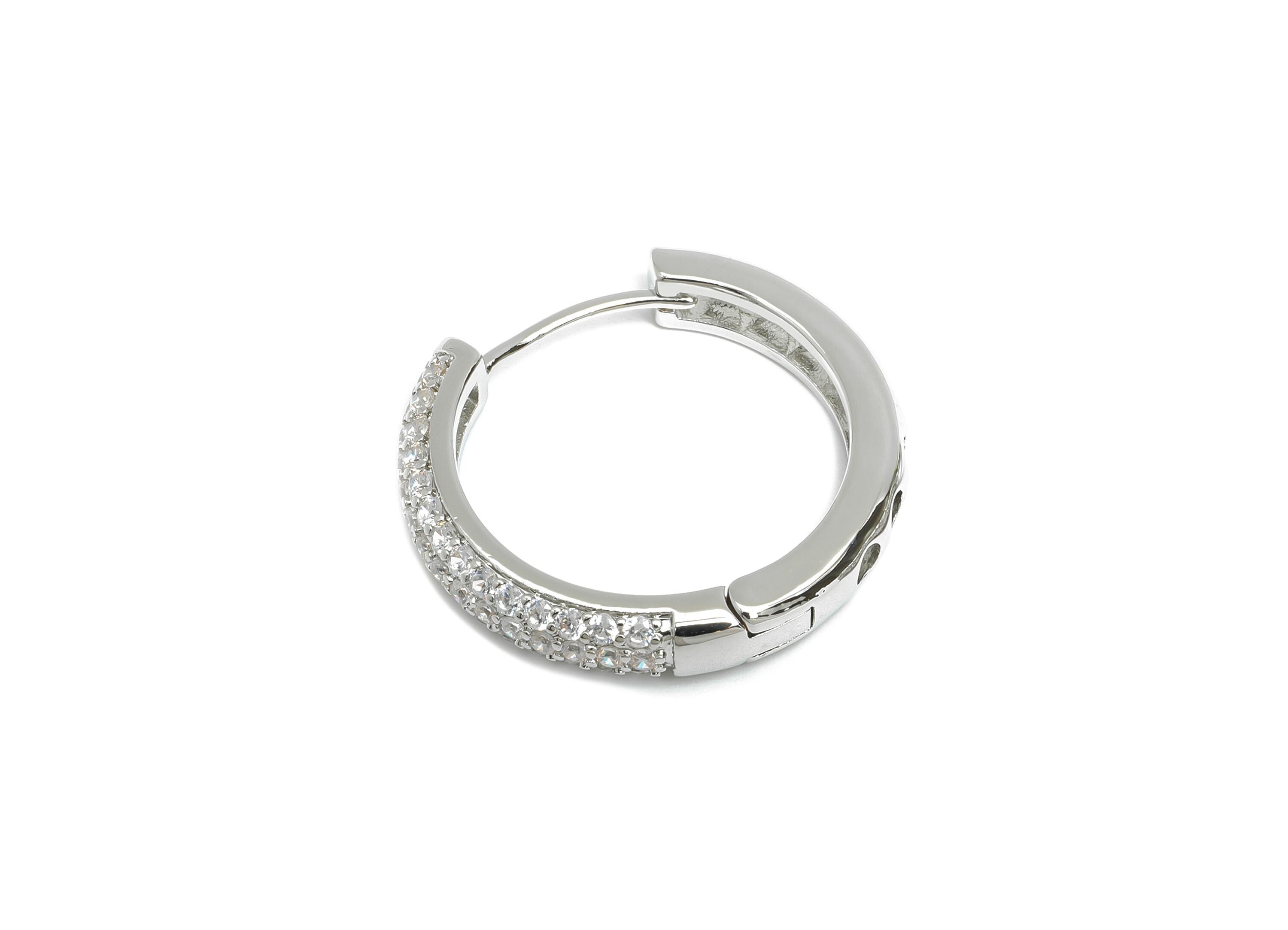 Brass Round Hoop Earring - Silver Thick Hoop Earrings with Zircon - Huggie Hoop Earring - 18K White Gold Plated - 24.2x24.2x1.4mm - RGP9565S - DOMEDBAZAAR