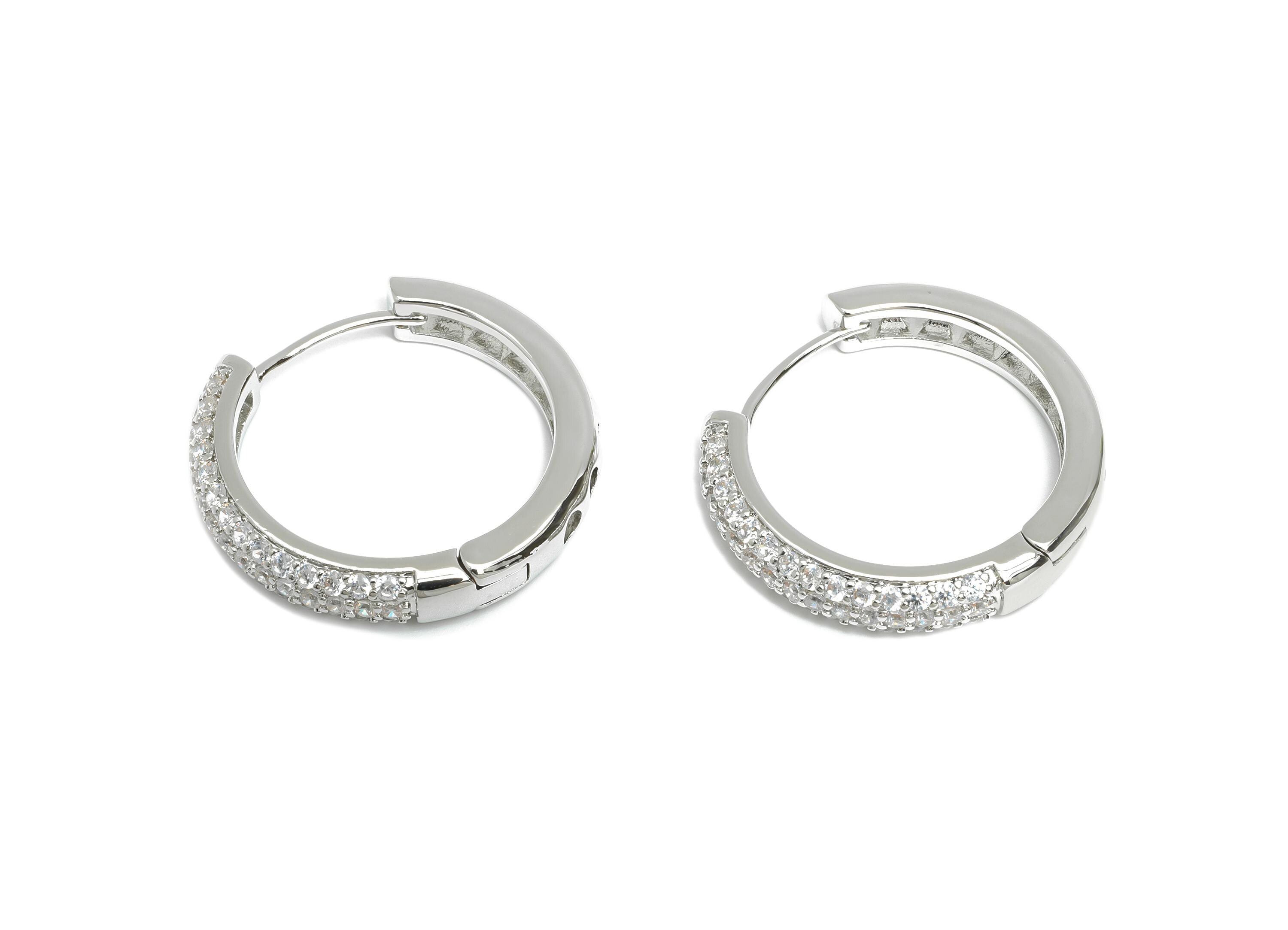 Brass Round Hoop Earring - Silver Thick Hoop Earrings with Zircon - Huggie Hoop Earring - 18K White Gold Plated - 24.2x24.2x1.4mm - RGP9565S - DOMEDBAZAAR