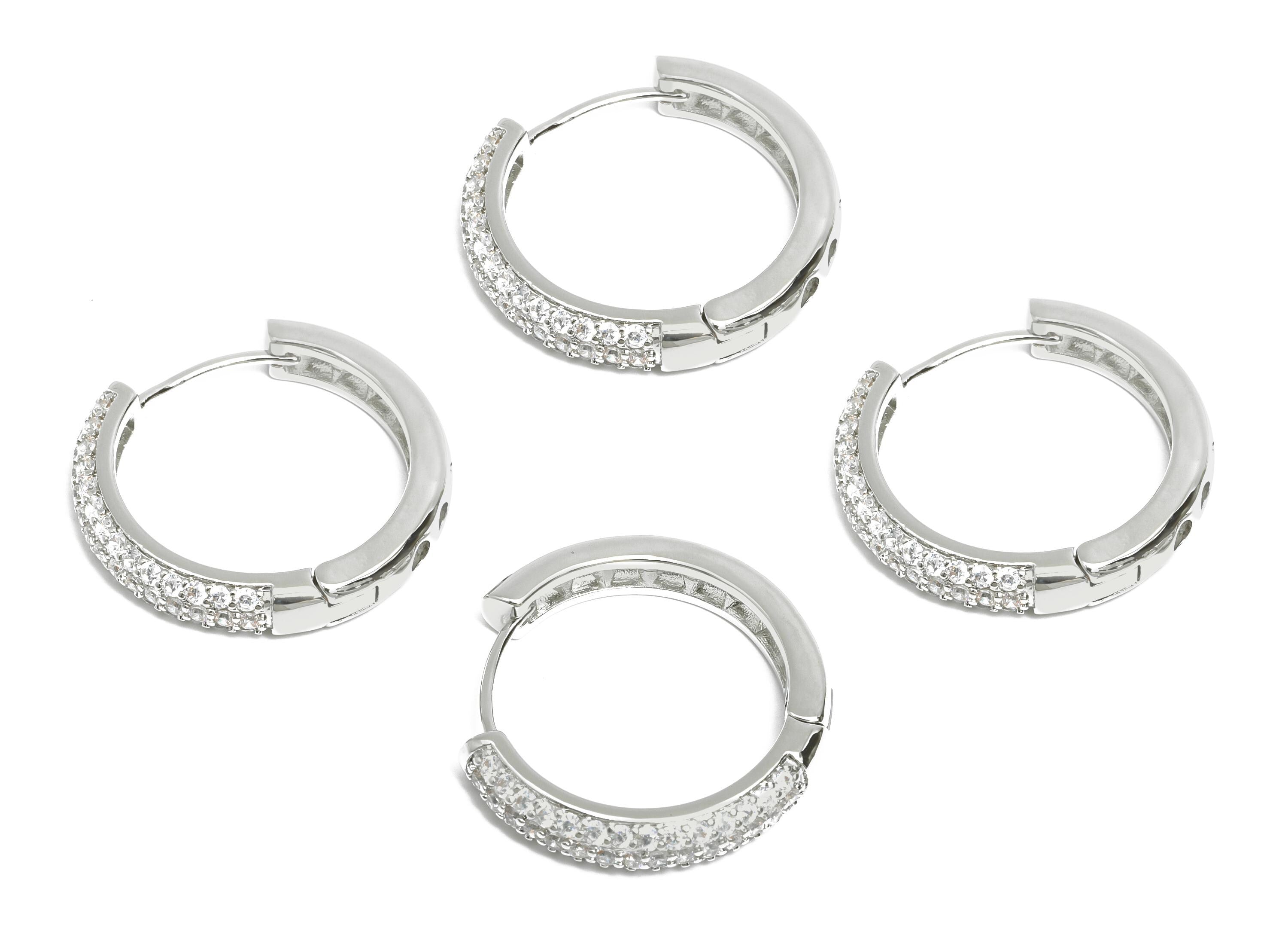 Brass Round Hoop Earring - Silver Thick Hoop Earrings with Zircon - Huggie Hoop Earring - 18K White Gold Plated - 24.2x24.2x1.4mm - RGP9565S - DOMEDBAZAAR