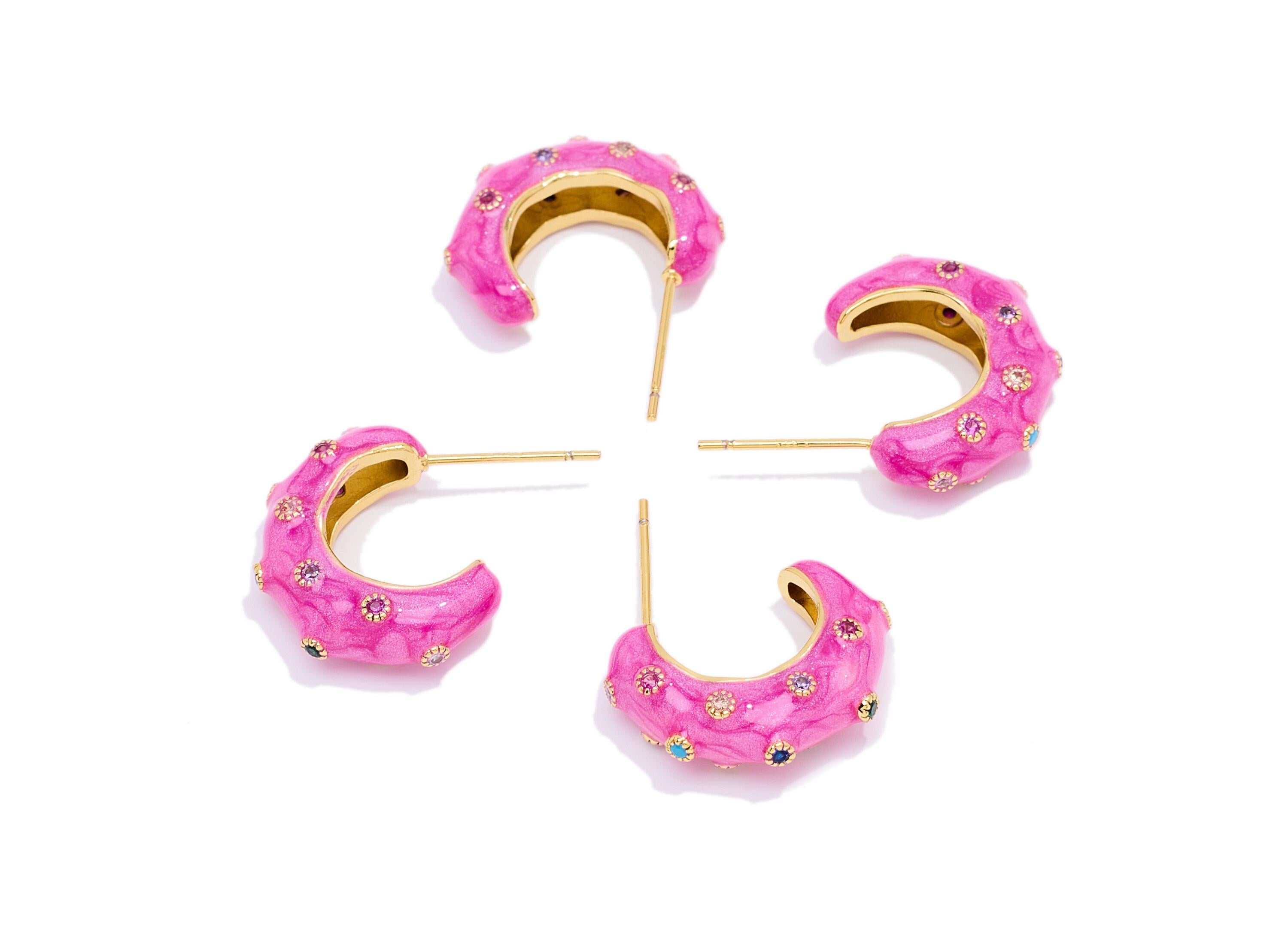 Brass Hoop Earring Post - Colorful Enamel Zircon Earring Stud - Gold Elegant Hoop Earring - 18K Real Gold-Plated - 19x22x5mm - RGP10573 - DOMEDBAZAAR