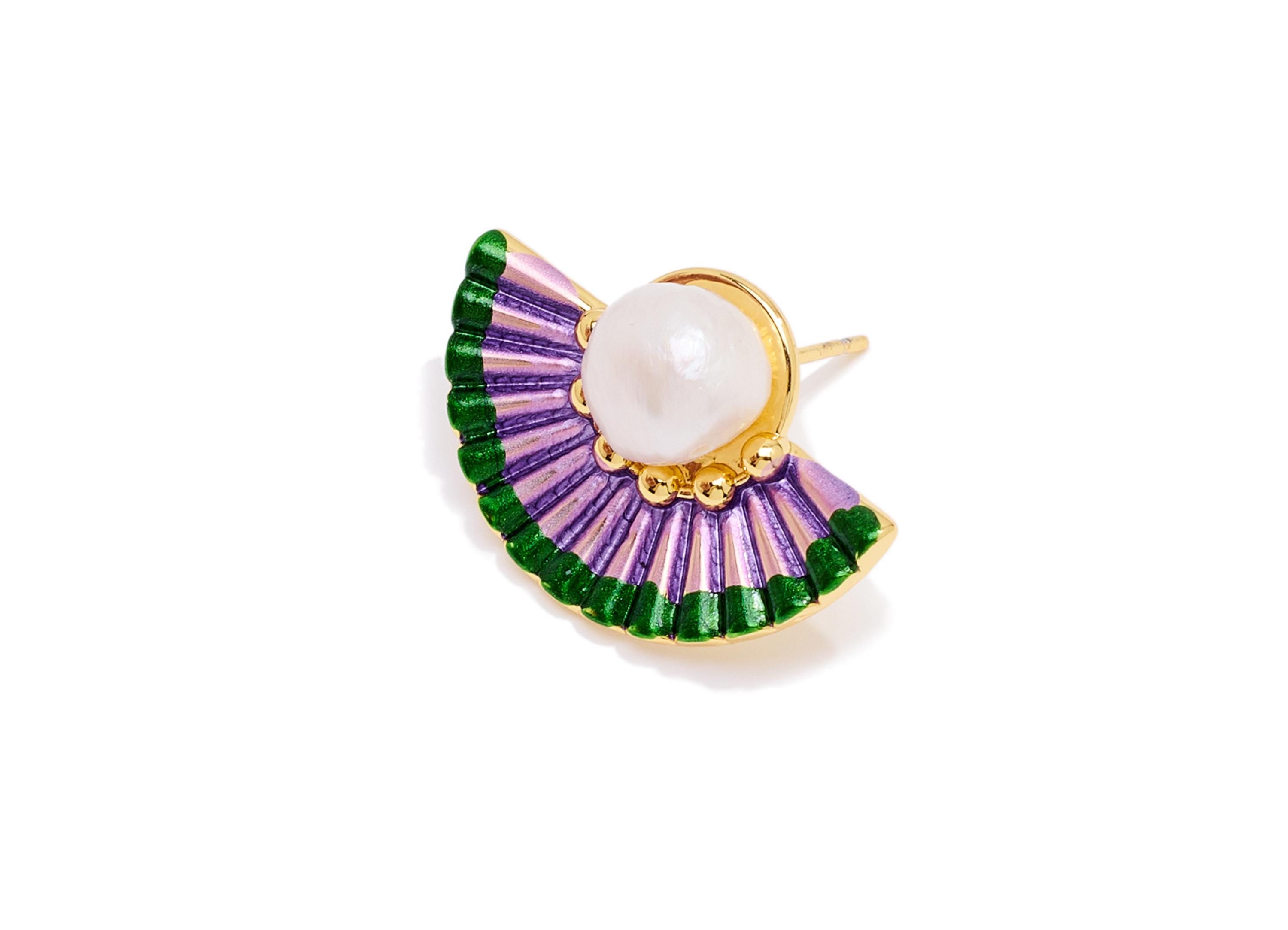 Brass Fan Earring Post - Enamel Bold Color Earring Stud - Colorful Earring Stud With Pearl - 18K Real Gold-Plated - 22x15x7.15mm - RGP10620 - DOMEDBAZAAR