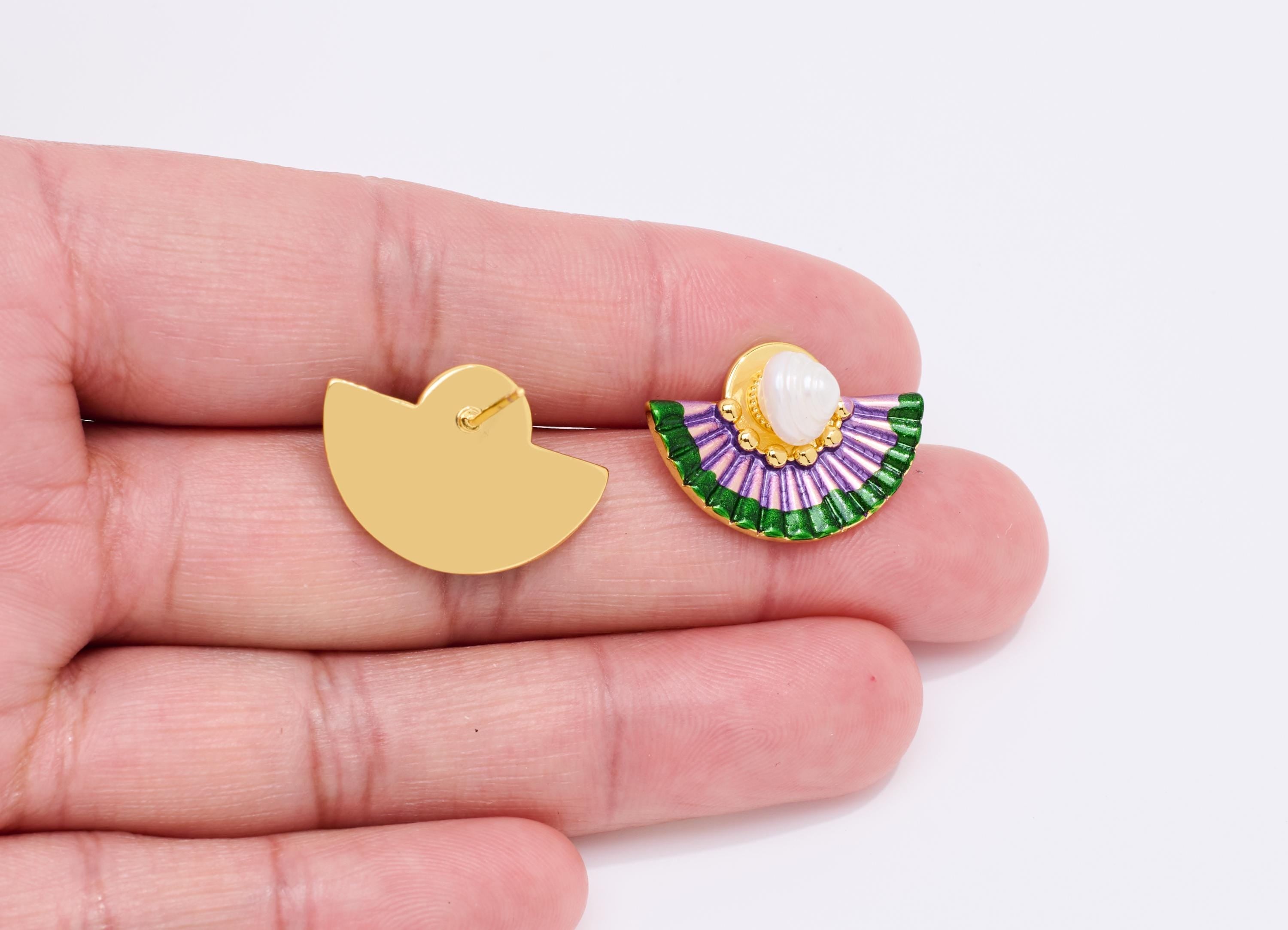 Brass Fan Earring Post - Enamel Bold Color Earring Stud - Colorful Earring Stud With Pearl - 18K Real Gold-Plated - 22x15x7.15mm - RGP10620 - DOMEDBAZAAR