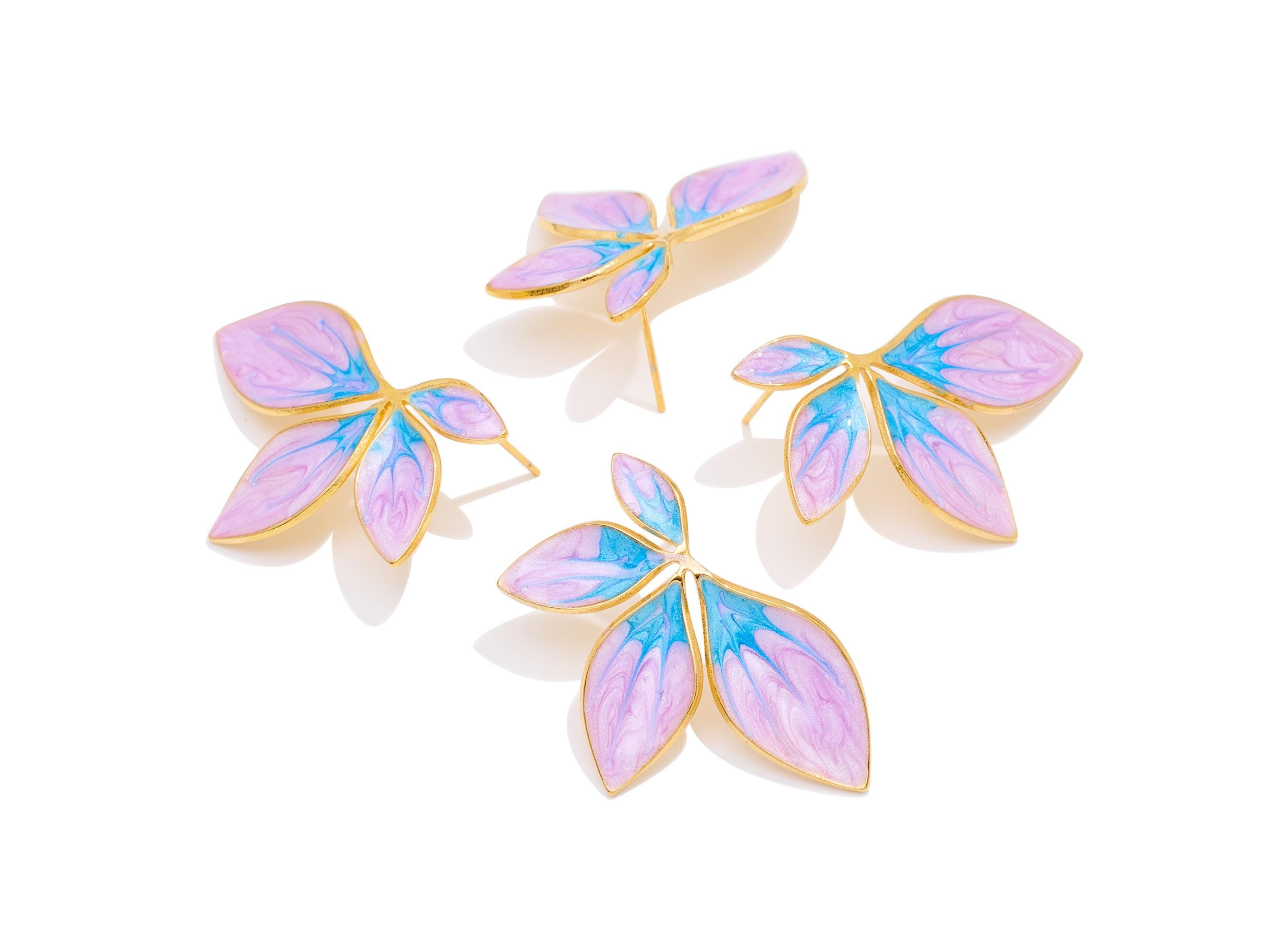 Stainless Steel Floral Stud - Gold Enamel Flower Earring Post - Modern Steel Earring Stud - Gold Vacuum Plated - 34.41x20.85x1.9mm - SS2238 - DOMEDBAZAAR