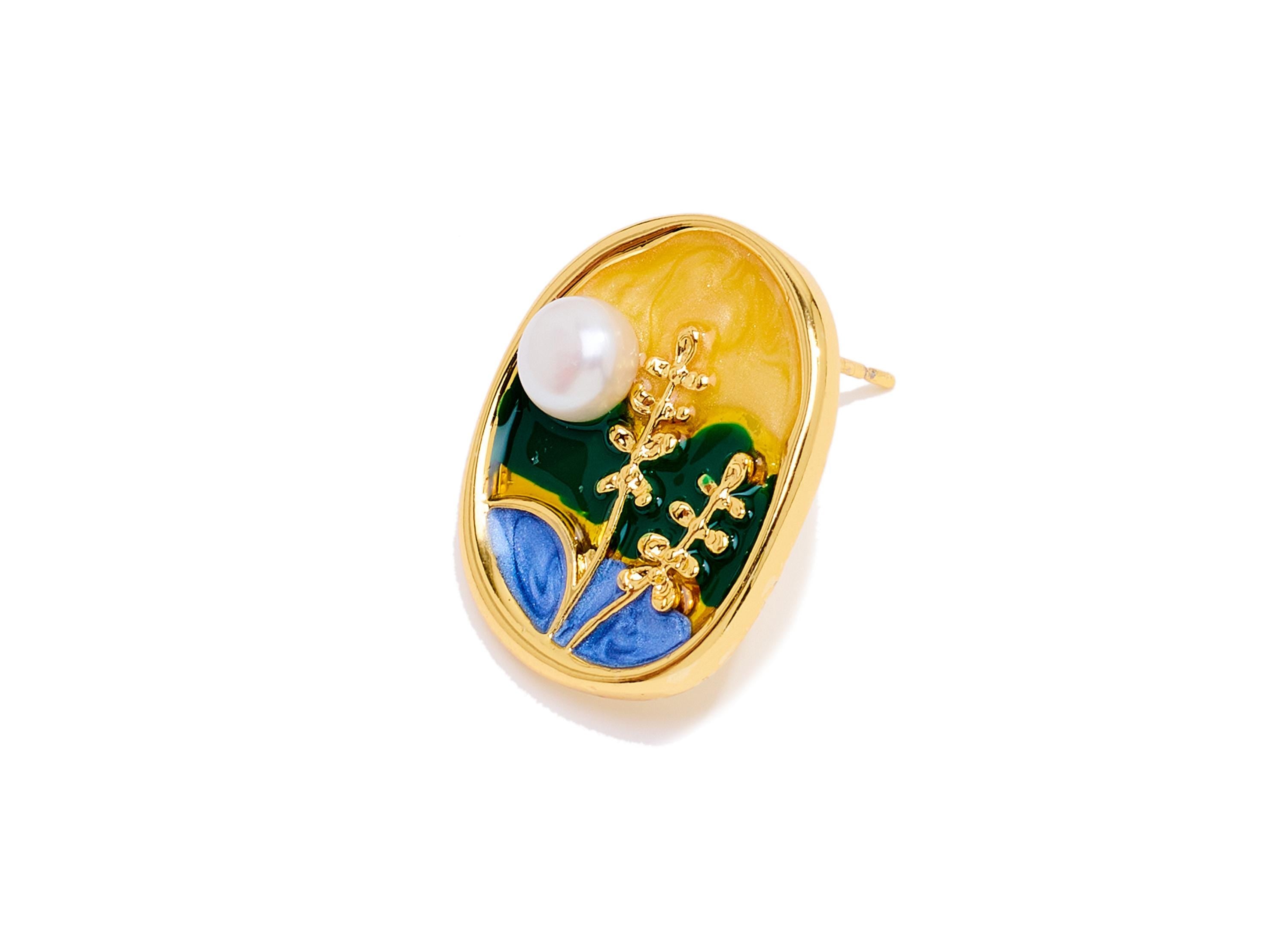 Brass Floral Earring Post - Enamel Bold Color Earring Stud - Colorful Earring Stud With Pearl - 18K Real Gold-Plated - 21x17x4mm - RGP10617 - DOMEDBAZAAR