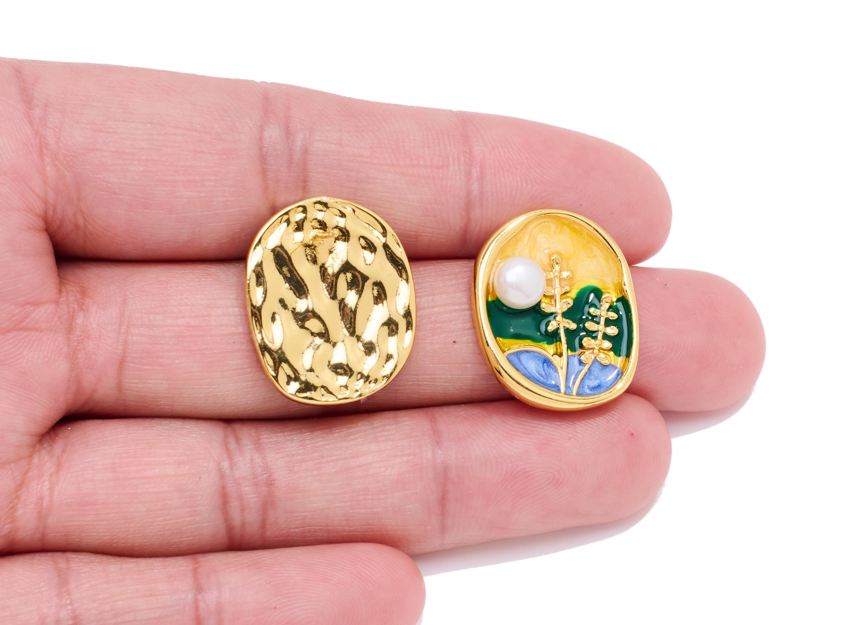 Brass Floral Earring Post - Enamel Bold Color Earring Stud - Colorful Earring Stud With Pearl - 18K Real Gold-Plated - 21x17x4mm - RGP10617 - DOMEDBAZAAR