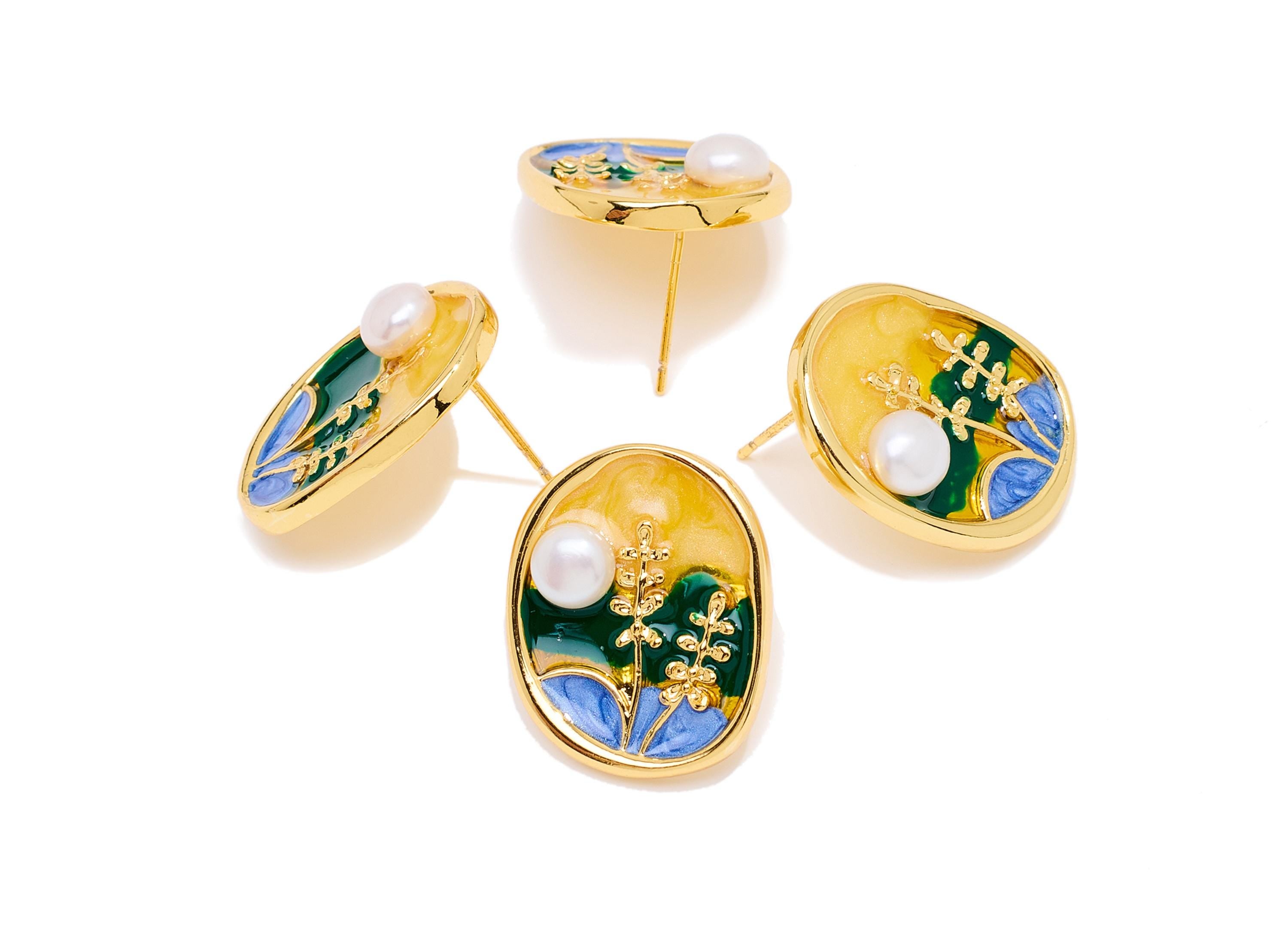Brass Floral Earring Post - Enamel Bold Color Earring Stud - Colorful Earring Stud With Pearl - 18K Real Gold-Plated - 21x17x4mm - RGP10617 - DOMEDBAZAAR