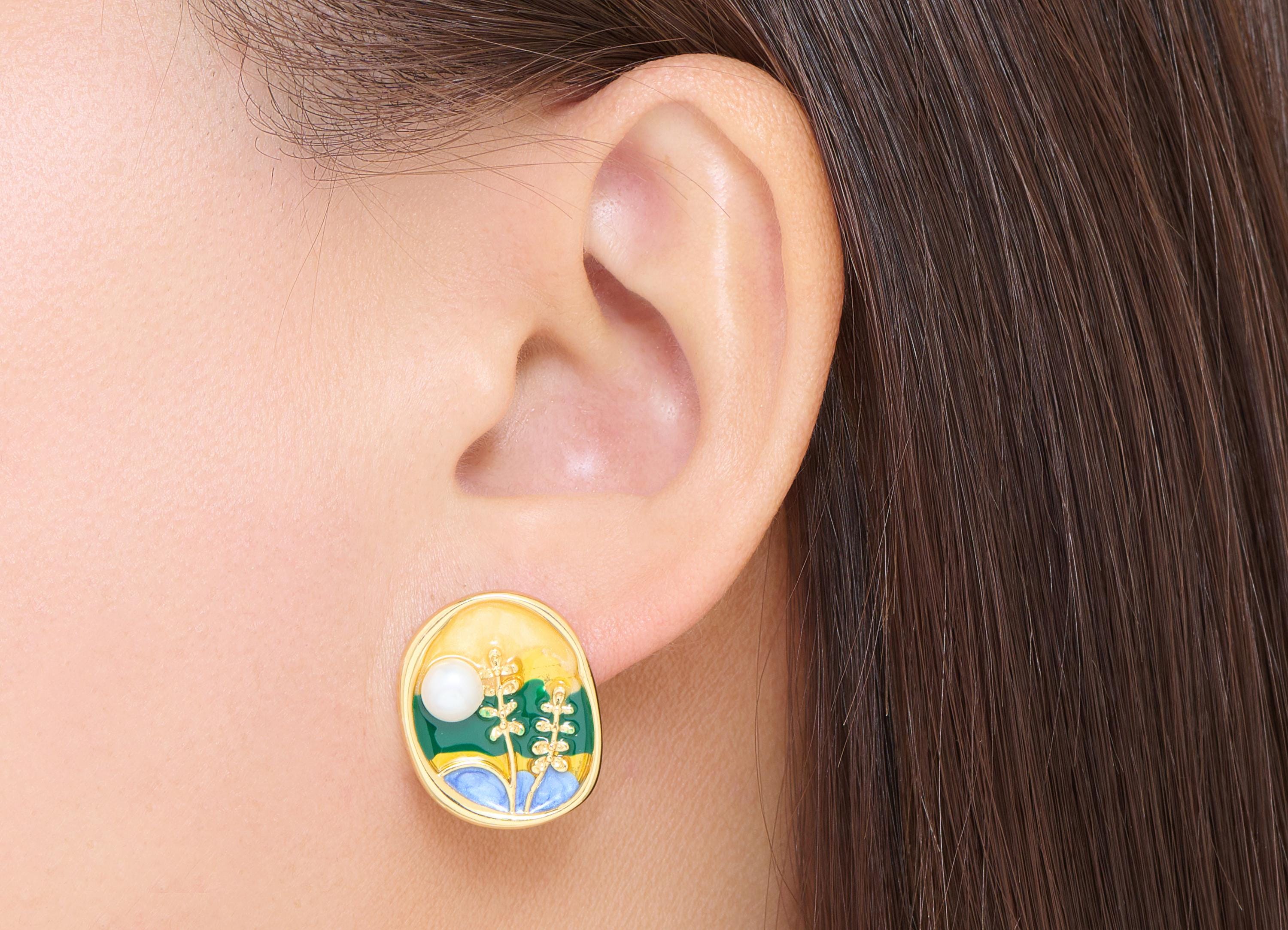 Brass Floral Earring Post - Enamel Bold Color Earring Stud - Colorful Earring Stud With Pearl - 18K Real Gold-Plated - 21x17x4mm - RGP10617 - DOMEDBAZAAR