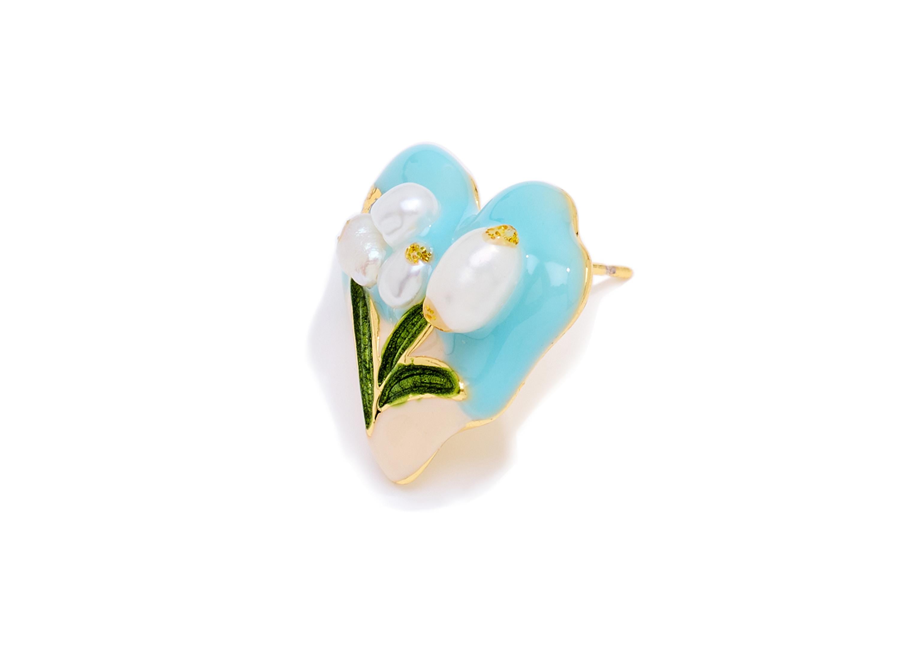 Brass Heart Floral Earring Post - Enamel Bold Color Earring Stud - Colorful Pearl Earring Stud - 18K Real Gold-Plated - 20x18x7mm - RGP10618 - DOMEDBAZAAR