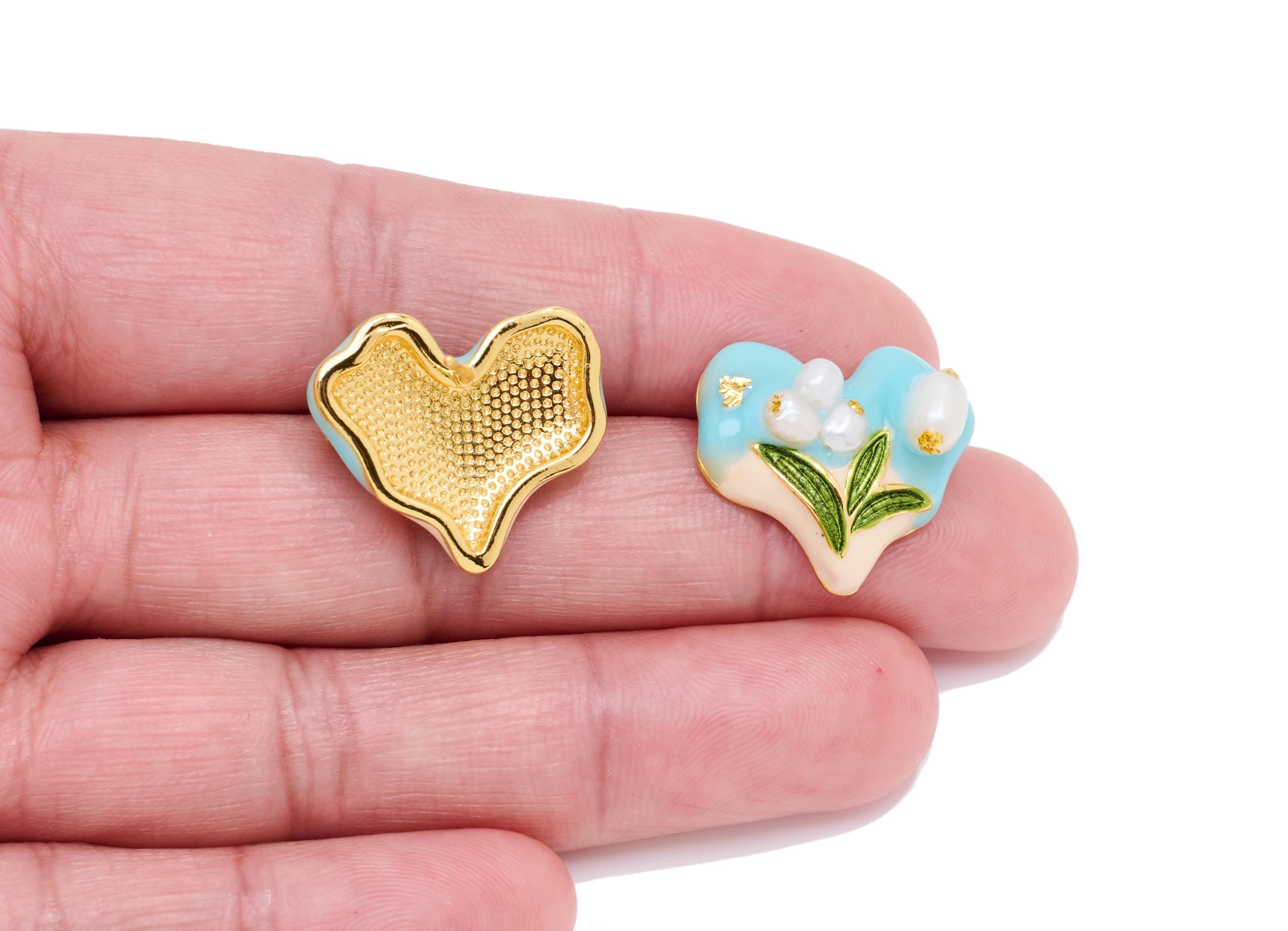Brass Heart Floral Earring Post - Enamel Bold Color Earring Stud - Colorful Pearl Earring Stud - 18K Real Gold-Plated - 20x18x7mm - RGP10618 - DOMEDBAZAAR