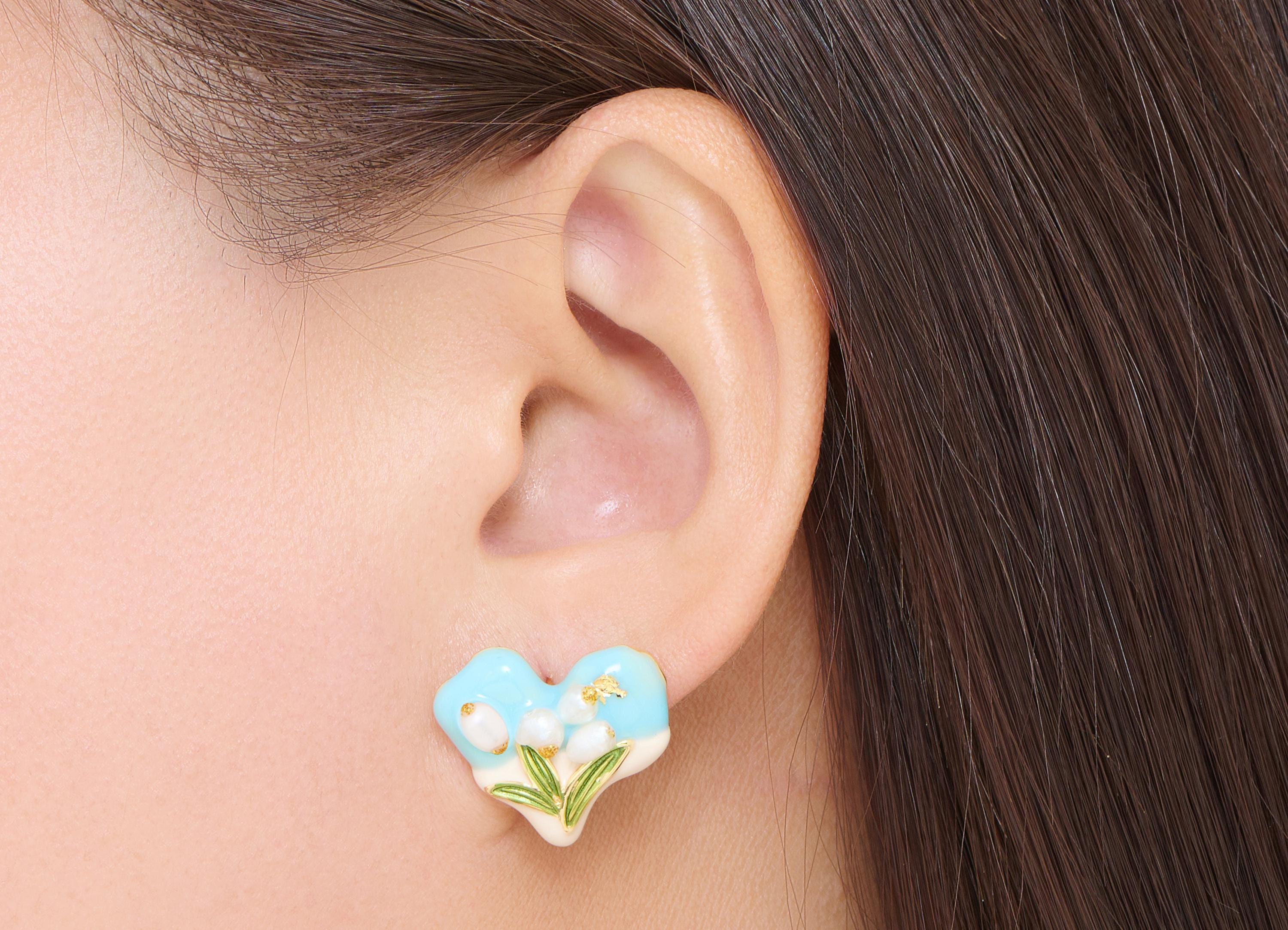 Brass Heart Floral Earring Post - Enamel Bold Color Earring Stud - Colorful Pearl Earring Stud - 18K Real Gold-Plated - 20x18x7mm - RGP10618 - DOMEDBAZAAR