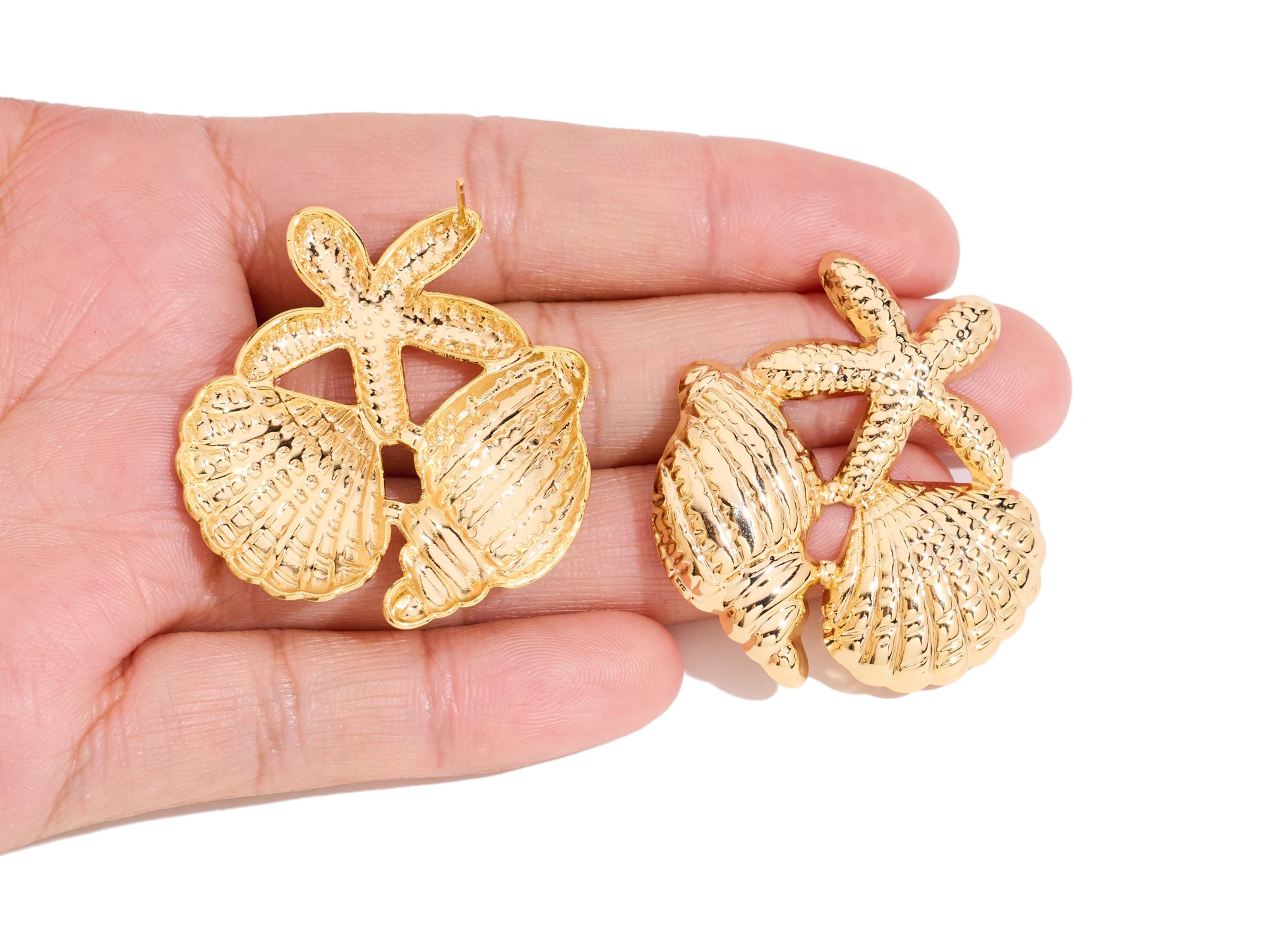 Brass Conch Starfish Post - Textured Shell Marine Earring Stud - Refined Gold Marine Jewelry - 18K Real Gold Plated - 40x36x5mm - RGP10420 - DOMEDBAZAAR