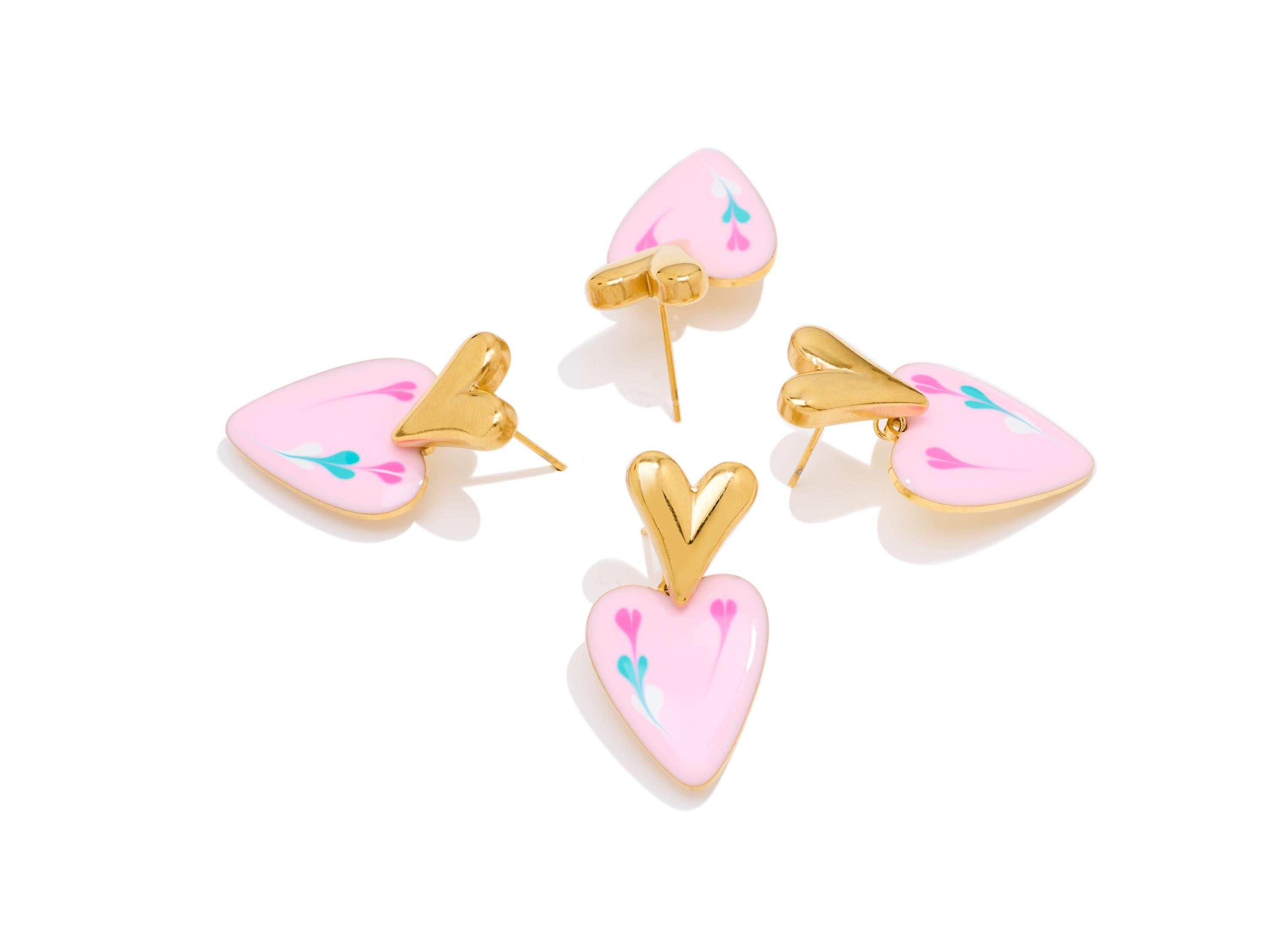 Stainless Steel Heart Stud - Steel Pink Enamel Heart Earring Post - Modern Gold Heart Jewelry - Gold Vacuum Plated - 31x15.95x2mm - SS2231 - DOMEDBAZAAR