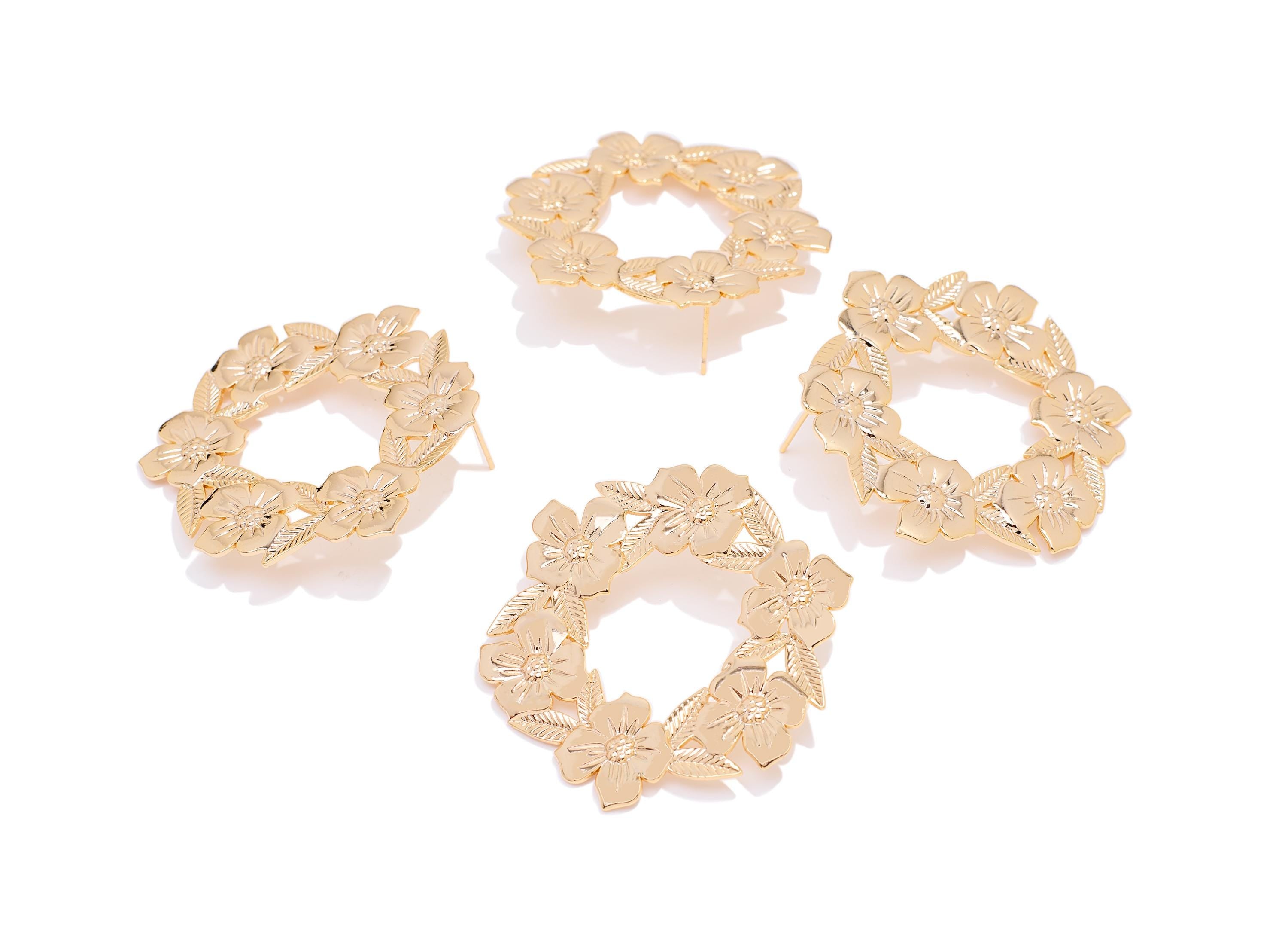 Brass Branch Hoop Earring Post - Textured Intricate Petal and Leaf Stud - Gold Botanical Jewelry - 18K Real Gold Plated - 47x44x1mm-RGP10418 - DOMEDBAZAAR