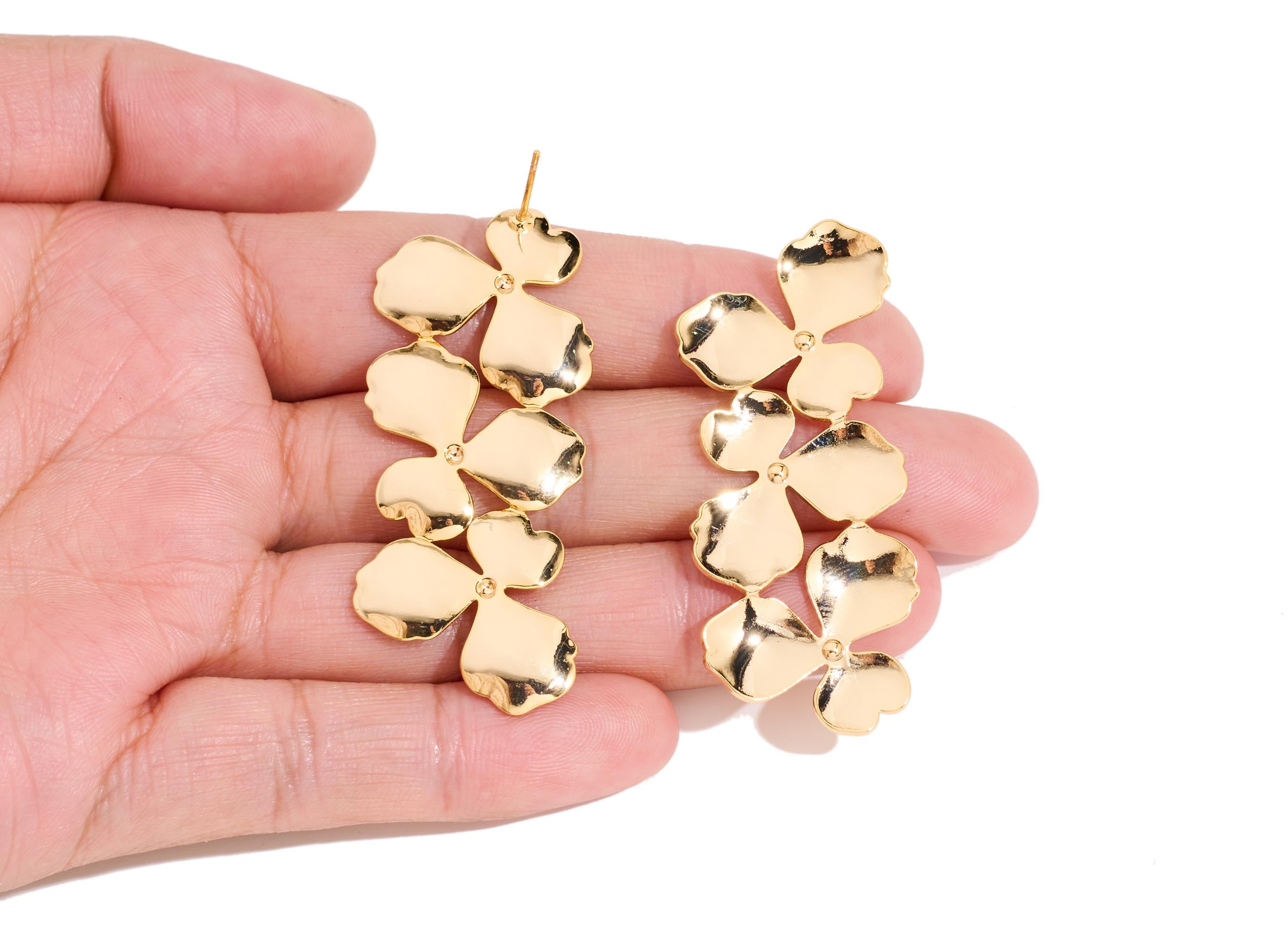 Brass Long Flower Earring Post - Statement Petal Cascade Stud - Gold Botanical Jewelry Making - 18K Real Gold Plated - 51x20x2mm -RGP10419 - DOMEDBAZAAR
