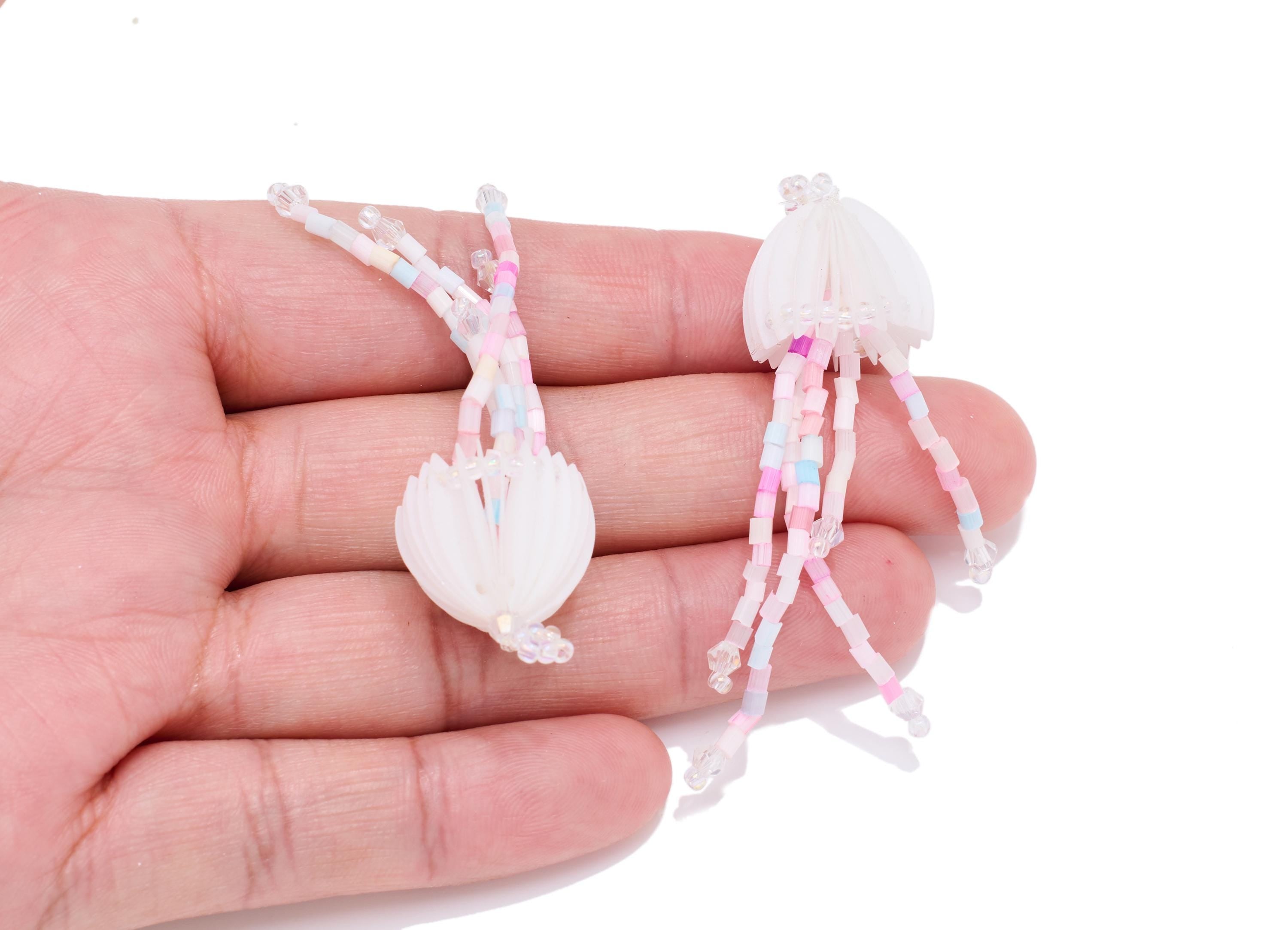 White Jellyfish Earring Charm - Crystal Handcrafted Jellyfish Pendant - Beaded Dangle Charm - Marine DIY Jewelry - 61x17.8x17mm - AC2669C - DOMEDBAZAAR