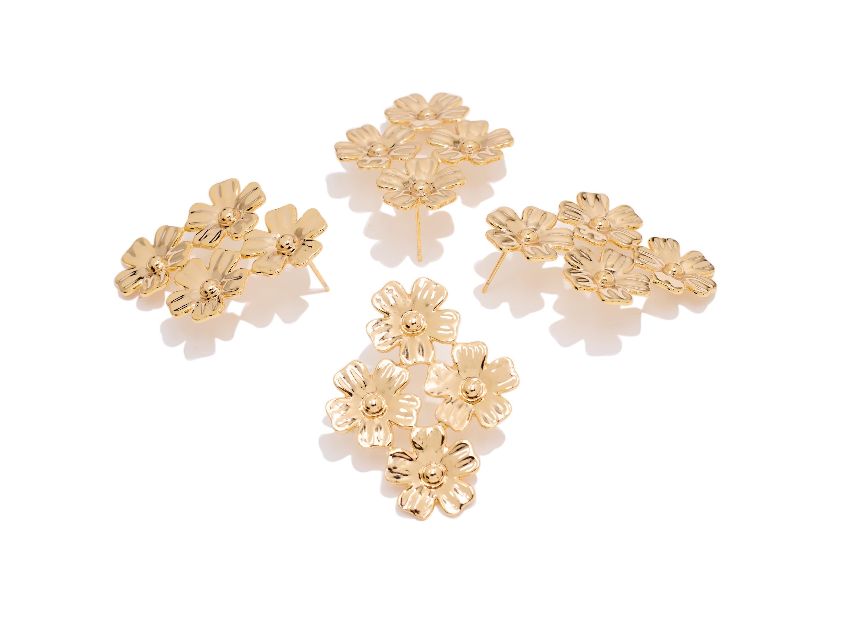 Brass Floral Cluster Earring Post - Statement Gold Petal Stud - Artistic Botanical Jewelry - 18K Real Gold Plated - 41x31.7x2mm - RGP10421 - DOMEDBAZAAR