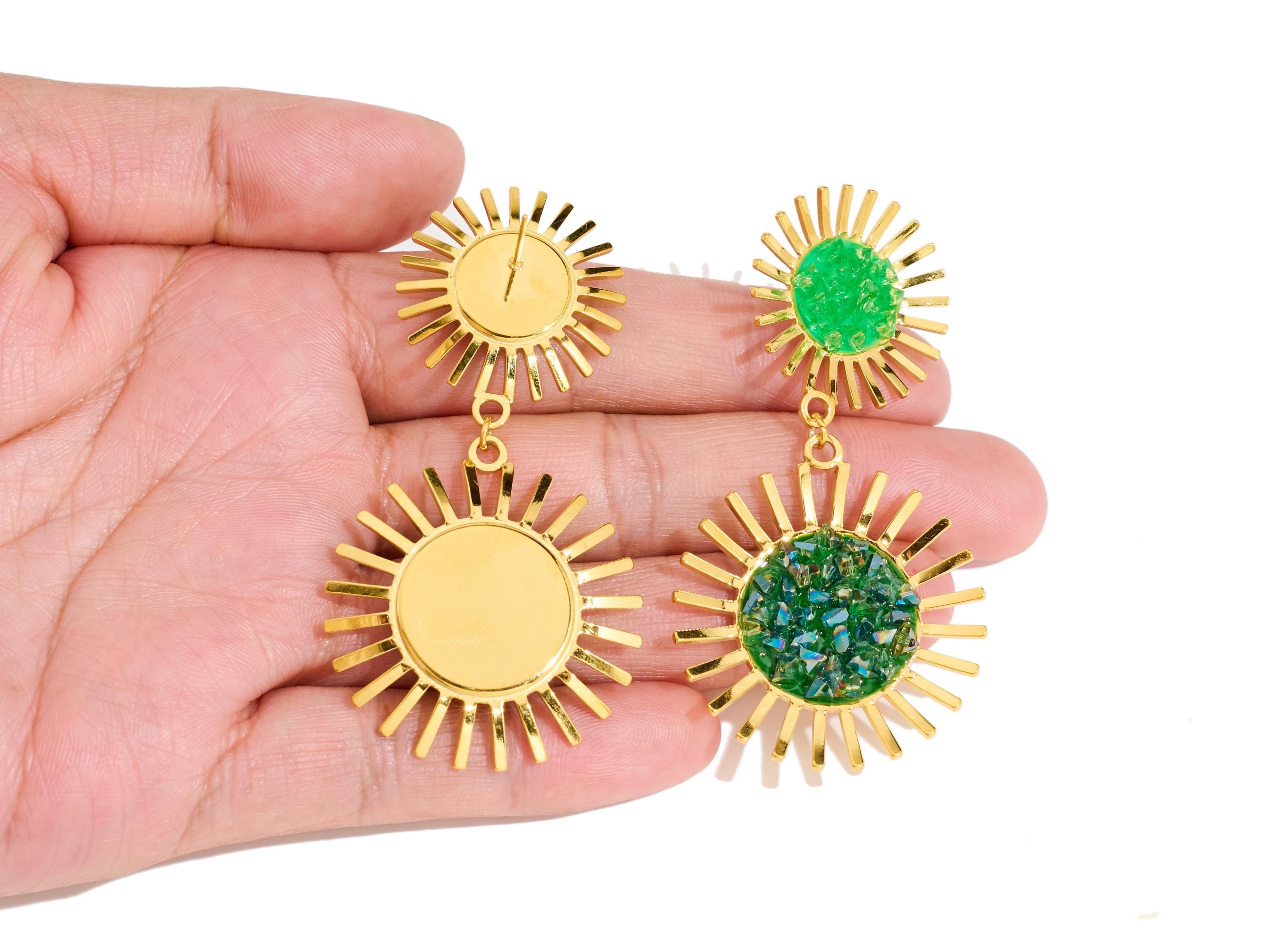 Stainless Steel Dangle Sunburst Stud - Gold Druzy Hanging Double Sun Post - Bold Steel Sun Stud - Gold Vacuum Plated - 64x34x4mm - SS2229 - DOMEDBAZAAR