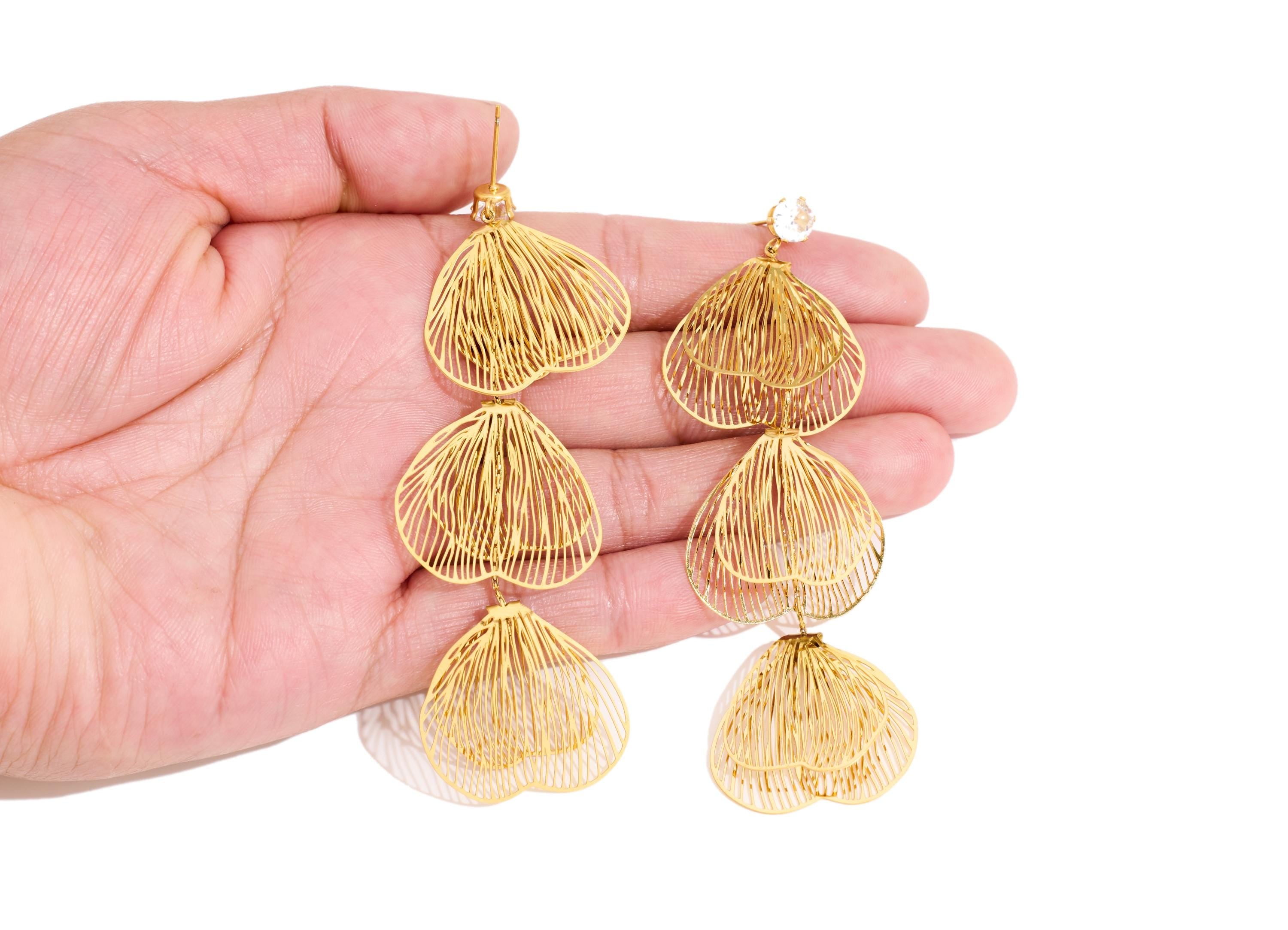 Stainless Steel Dangle Tassel Stud - Gold Layered Hanging Crystal Post - Layered Steel Tassel Stud - Gold Vacuum Plated - 87x27x6mm - SS2223 - DOMEDBAZAAR